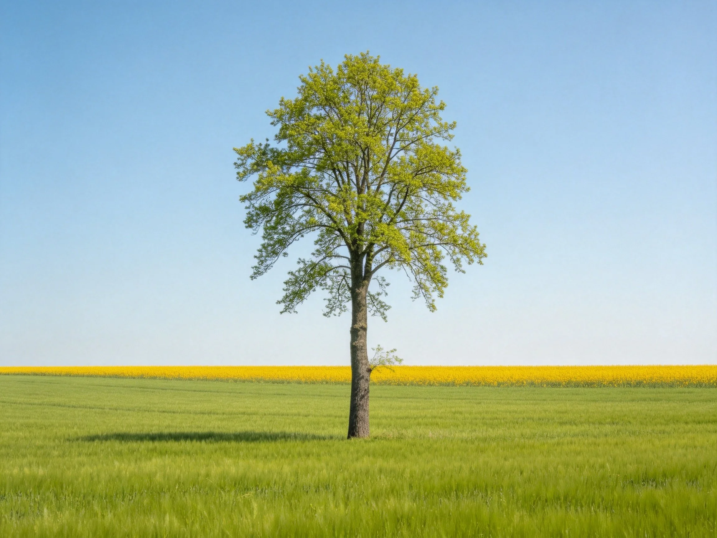 A single tree in a vast green meadow beside a yellow flower field