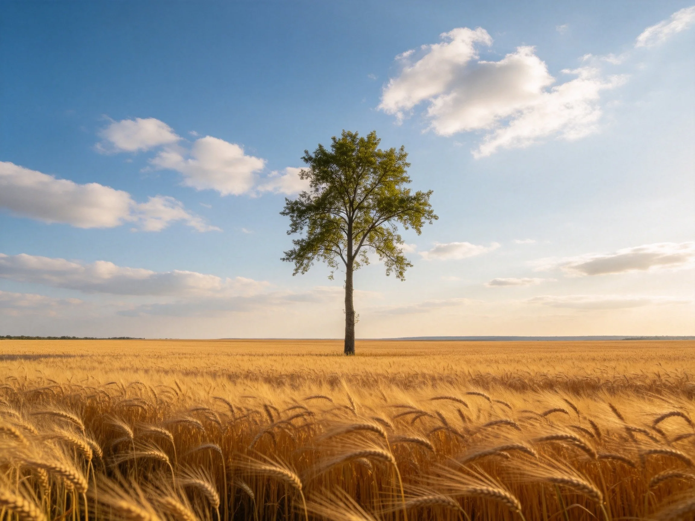 A single tree stands in a vast golden wheat field under blue skies with clouds