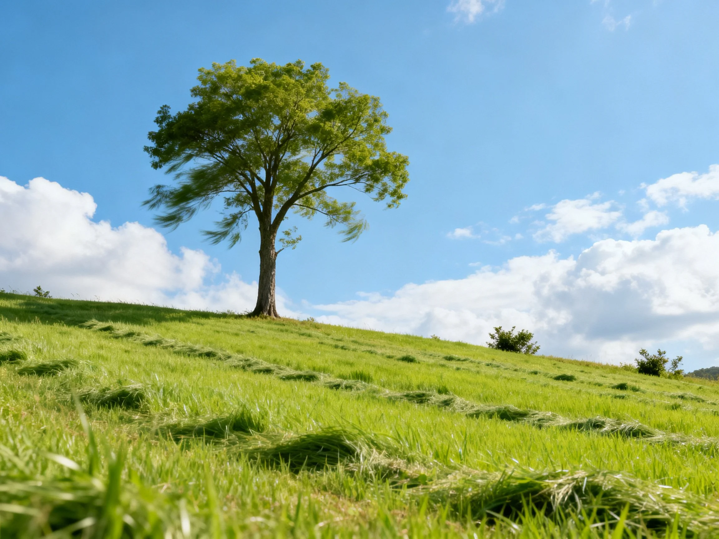 A single tree stands on a verdant hilltop under sunny skies