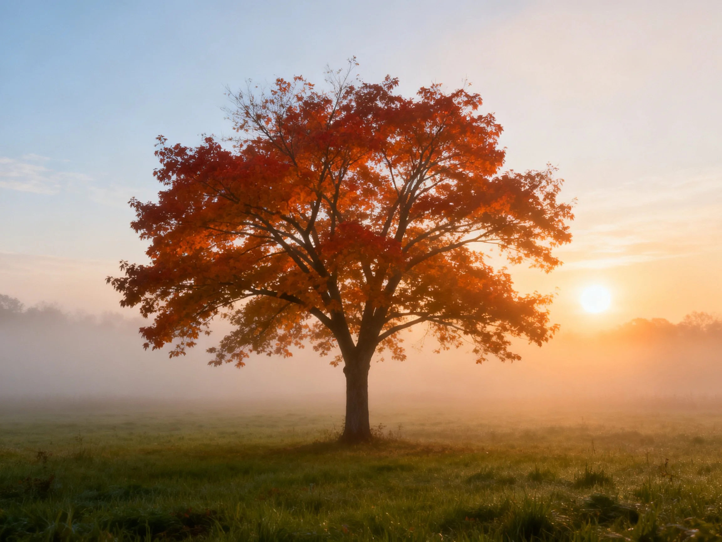A single tree with fiery autumn foliage stands in a misty morning field.