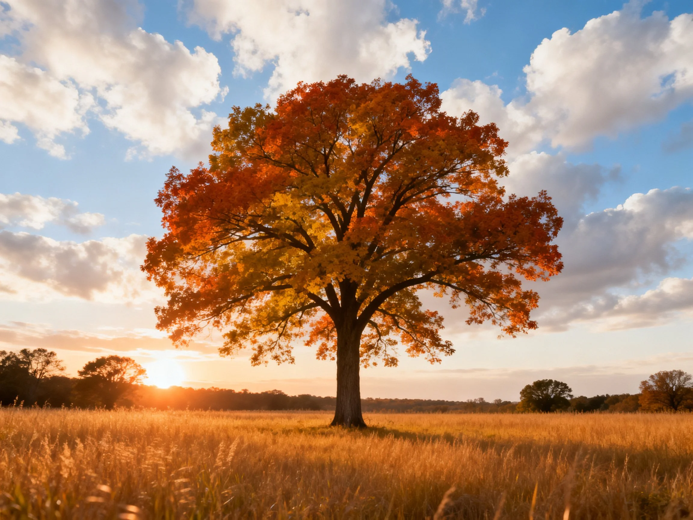 A single tree with vibrant autumn foliage in a golden field