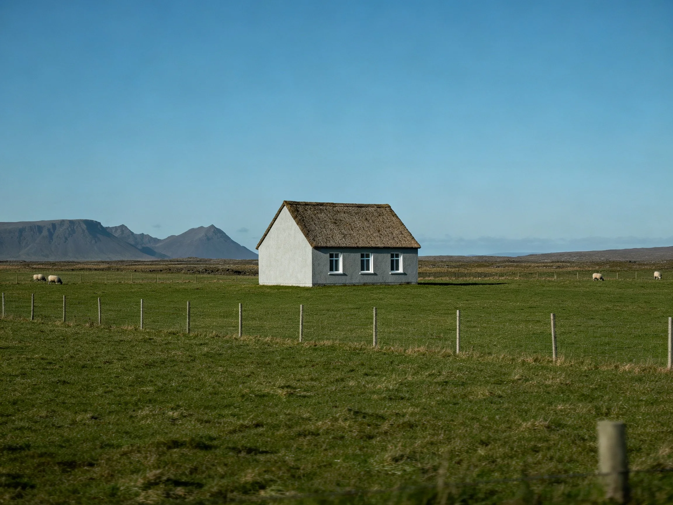 A single white cottage with a thatched roof in an expansive green field