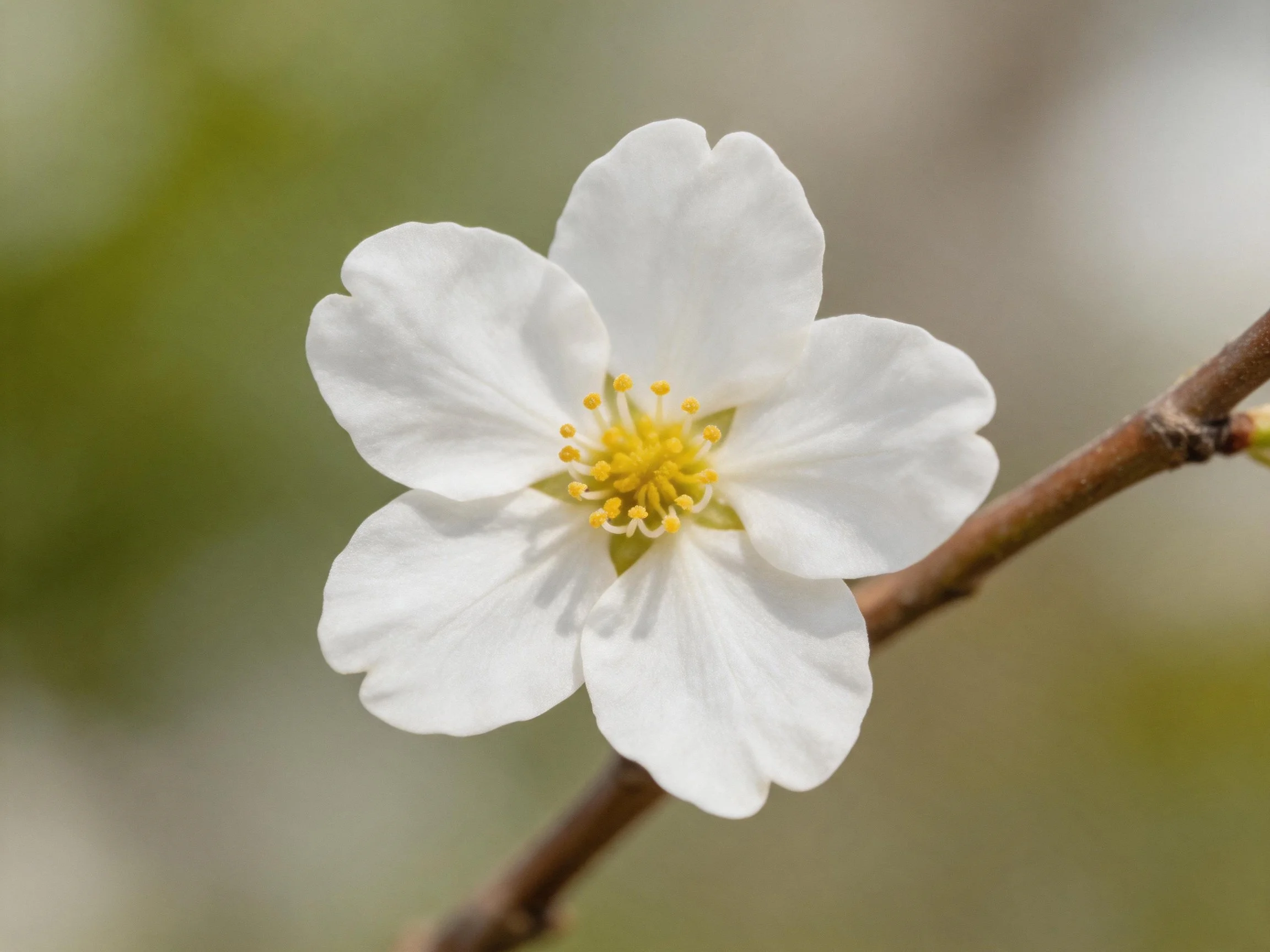 A single white flower with five petals on a brown branch