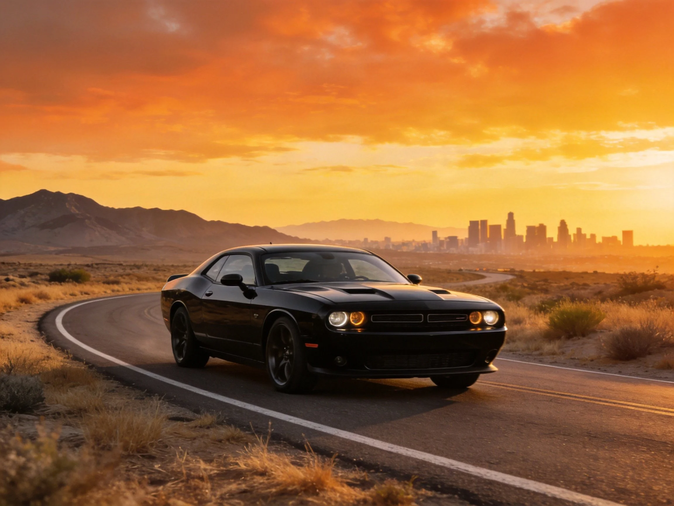 A sleek black sports car drives along a desert road at sunset