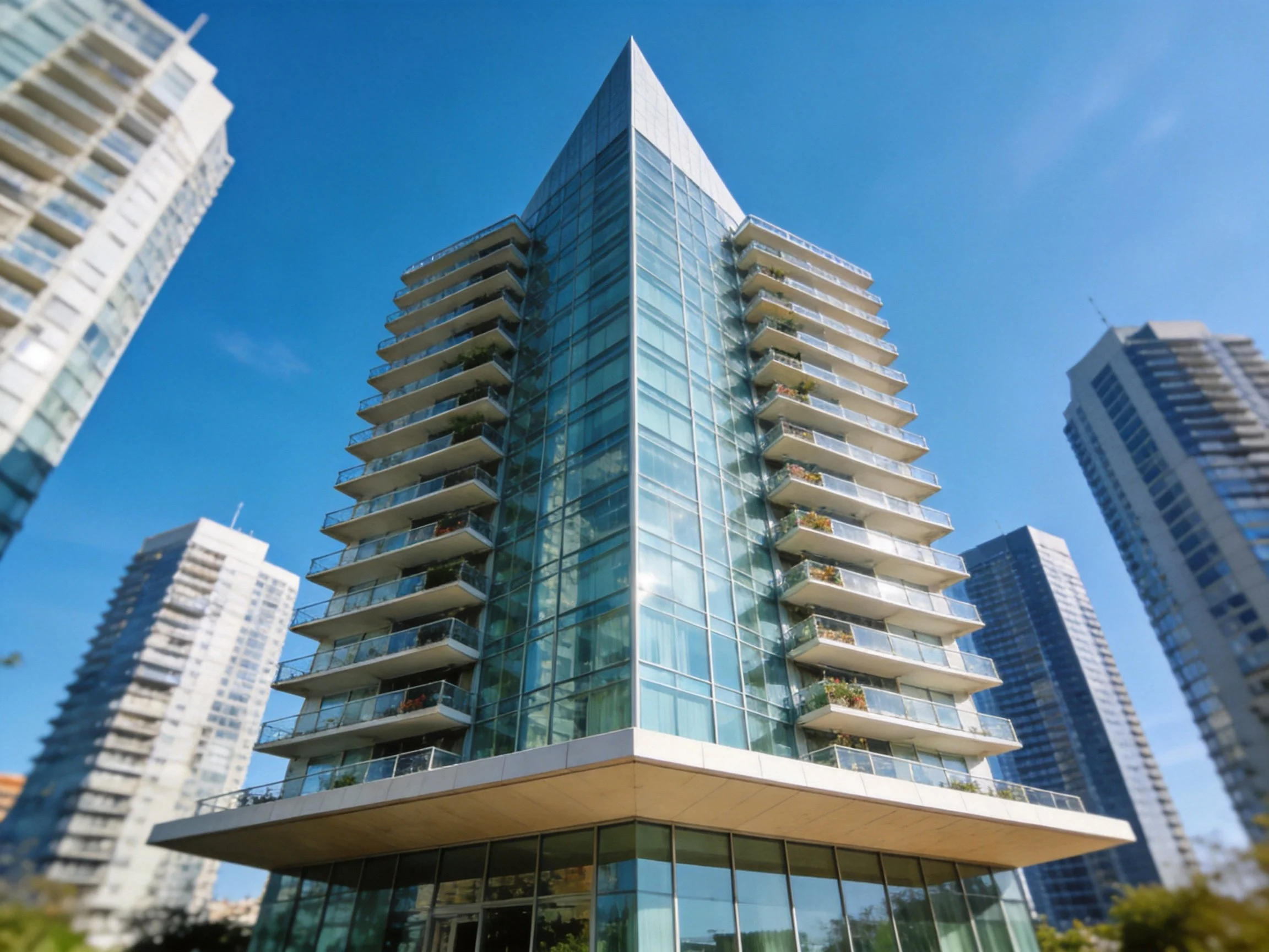 A sleek glass high-rise tower with balconies under bright blue sky