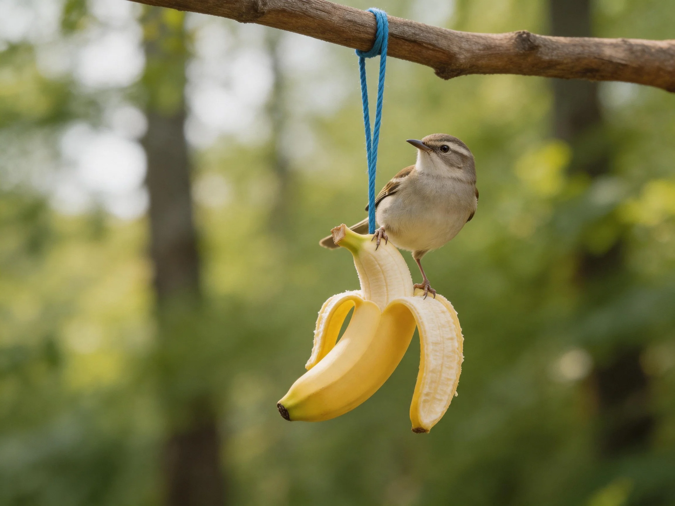 A small bird perched on a peeled banana hung from a tree branch