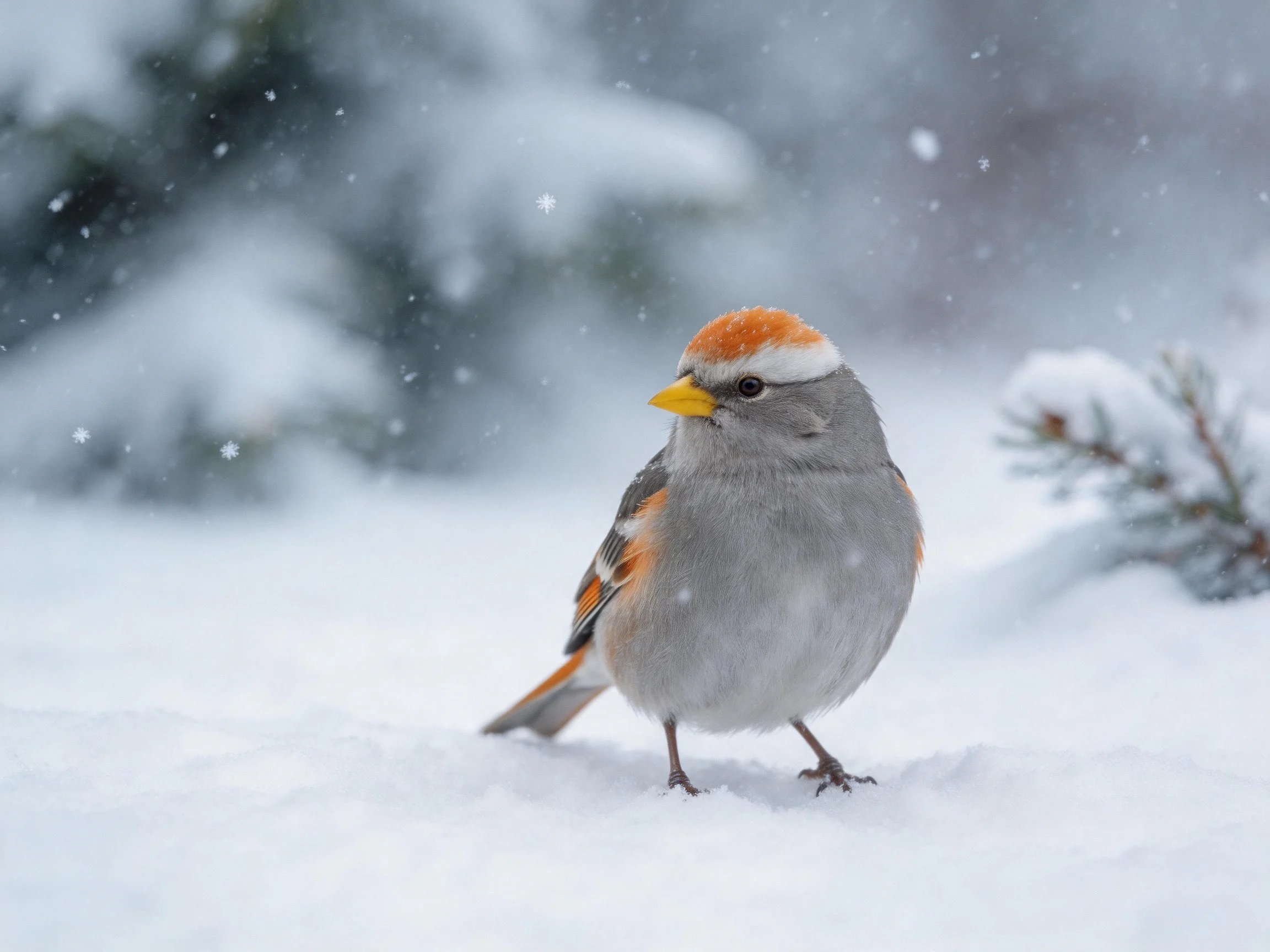 A small bird with orange crown on snow-covered ground during snowfall