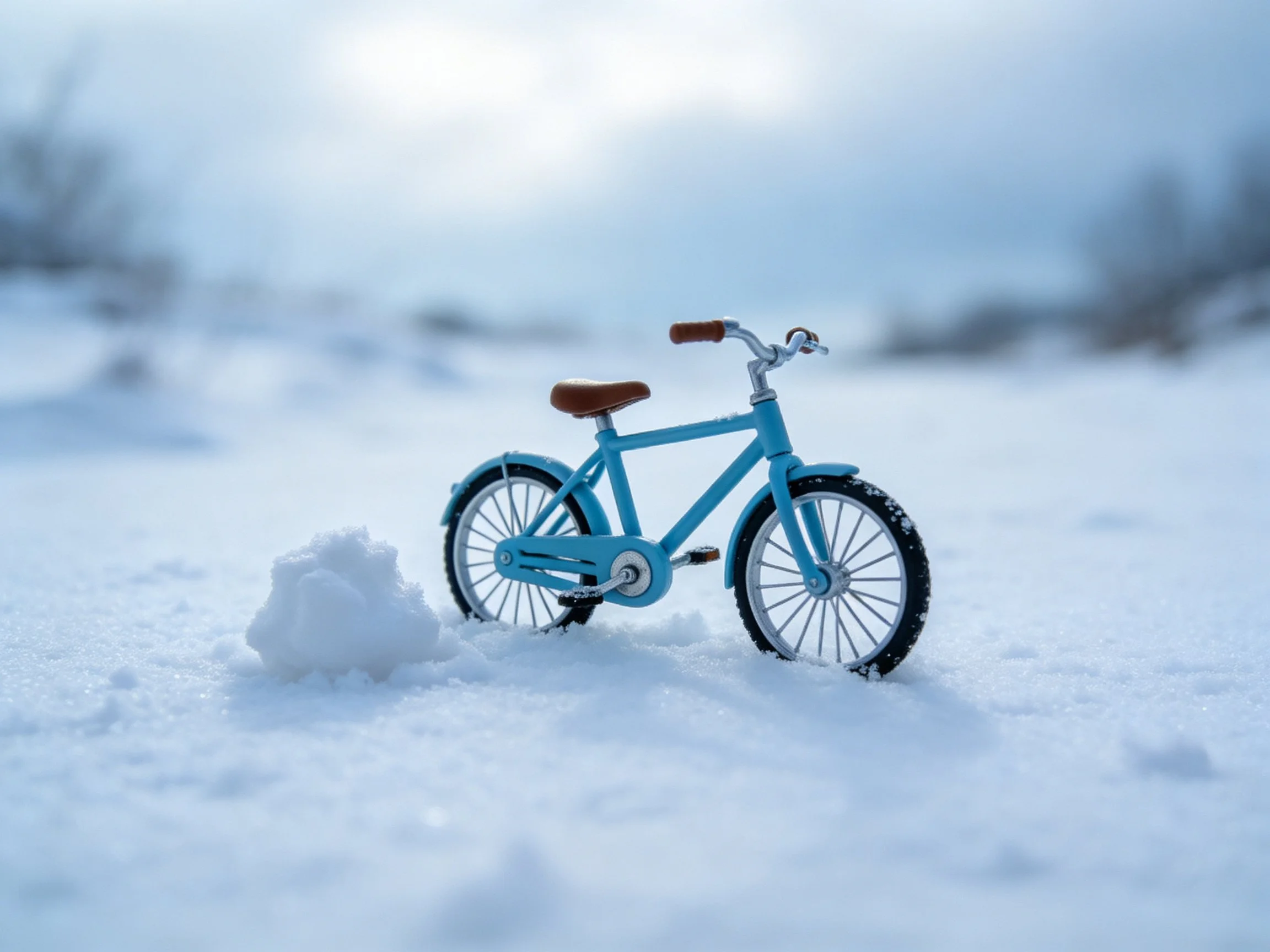 A small blue bicycle rests in a snowy winter landscape
