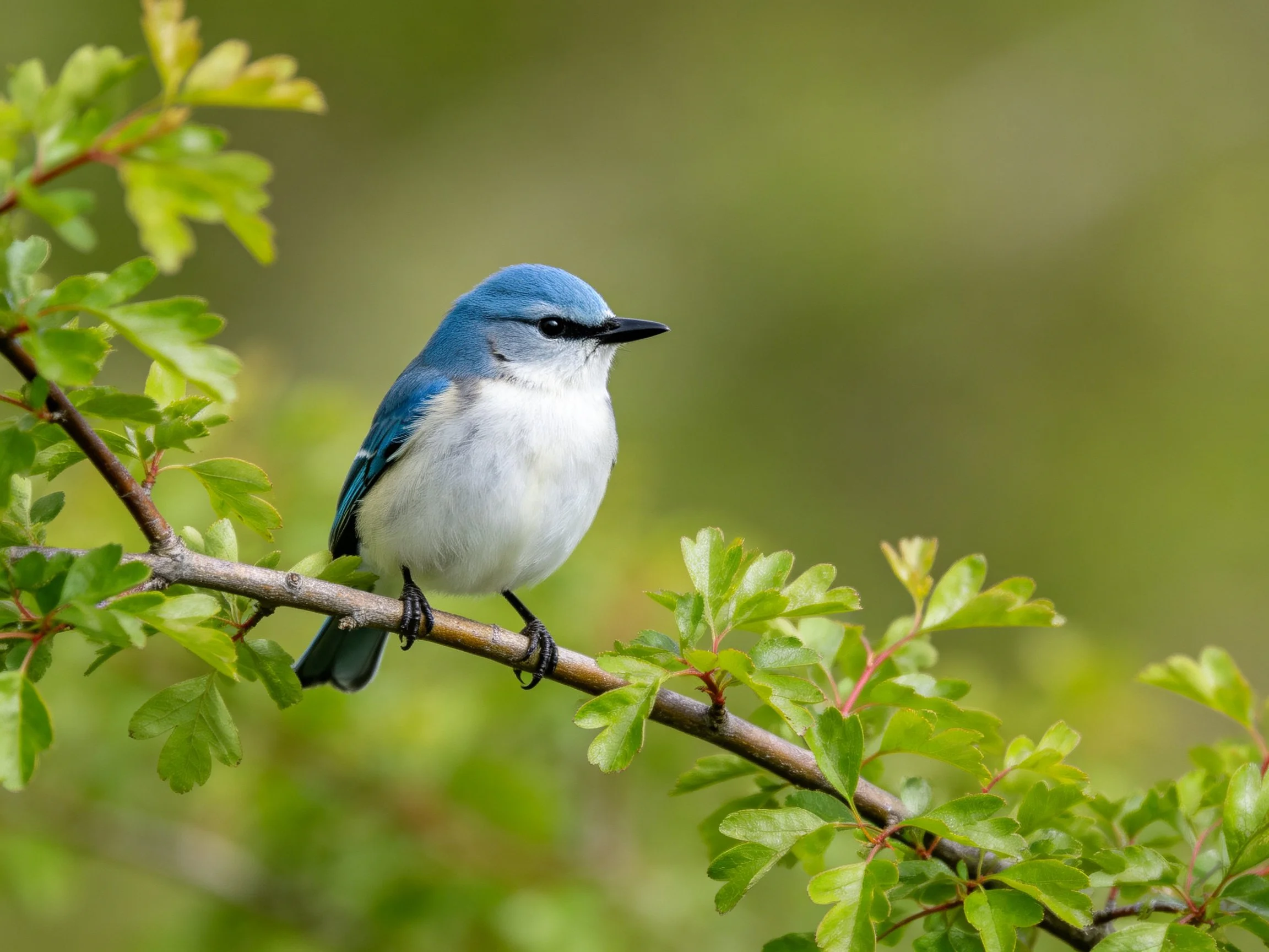 A small blue-headed bird perches on a leafy branch with green foliage