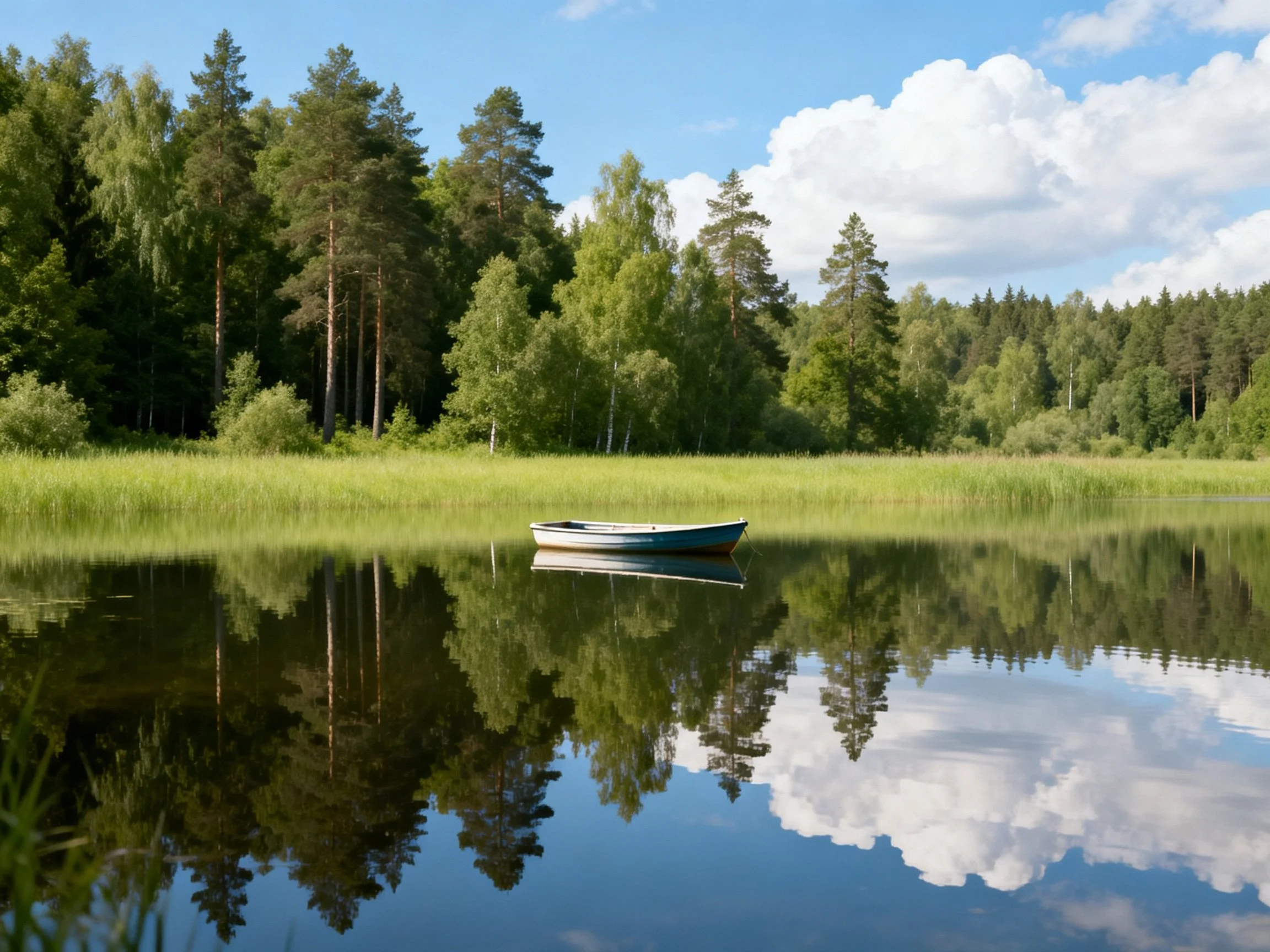 A small boat floats on calm water near dense green forests