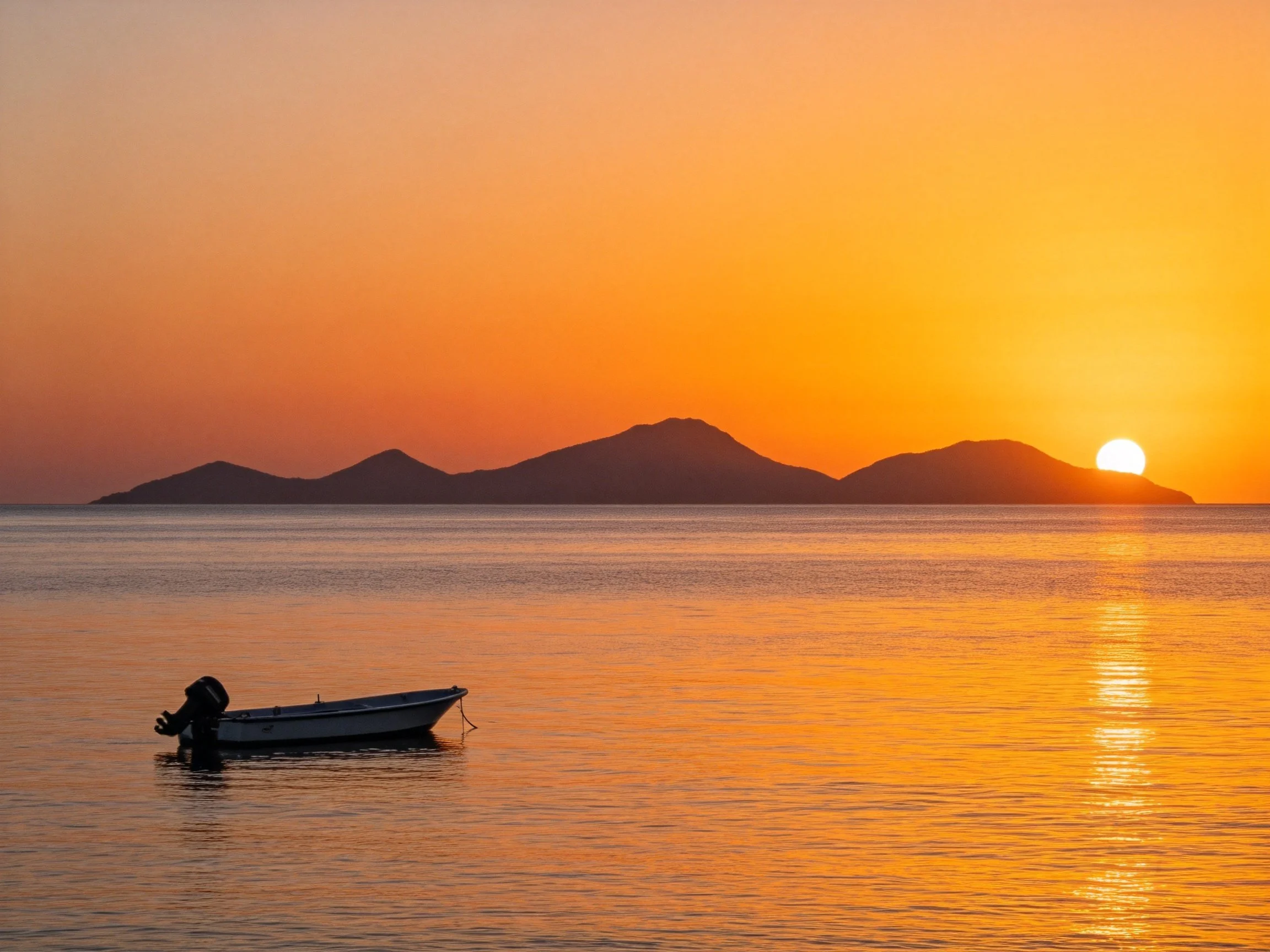 A small boat floats on calm waters during an orange-hued sunset over distant islands