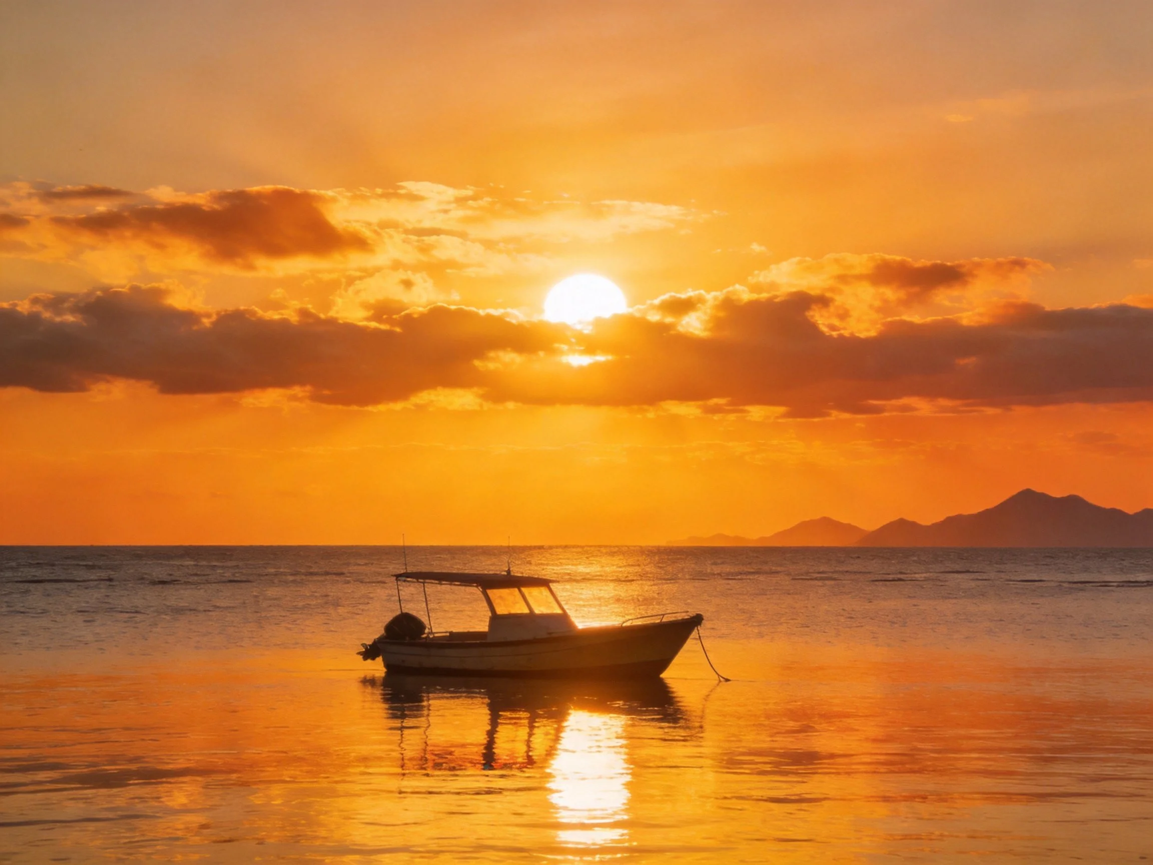 A small boat floats on calm waters under a vibrant orange sunset sky