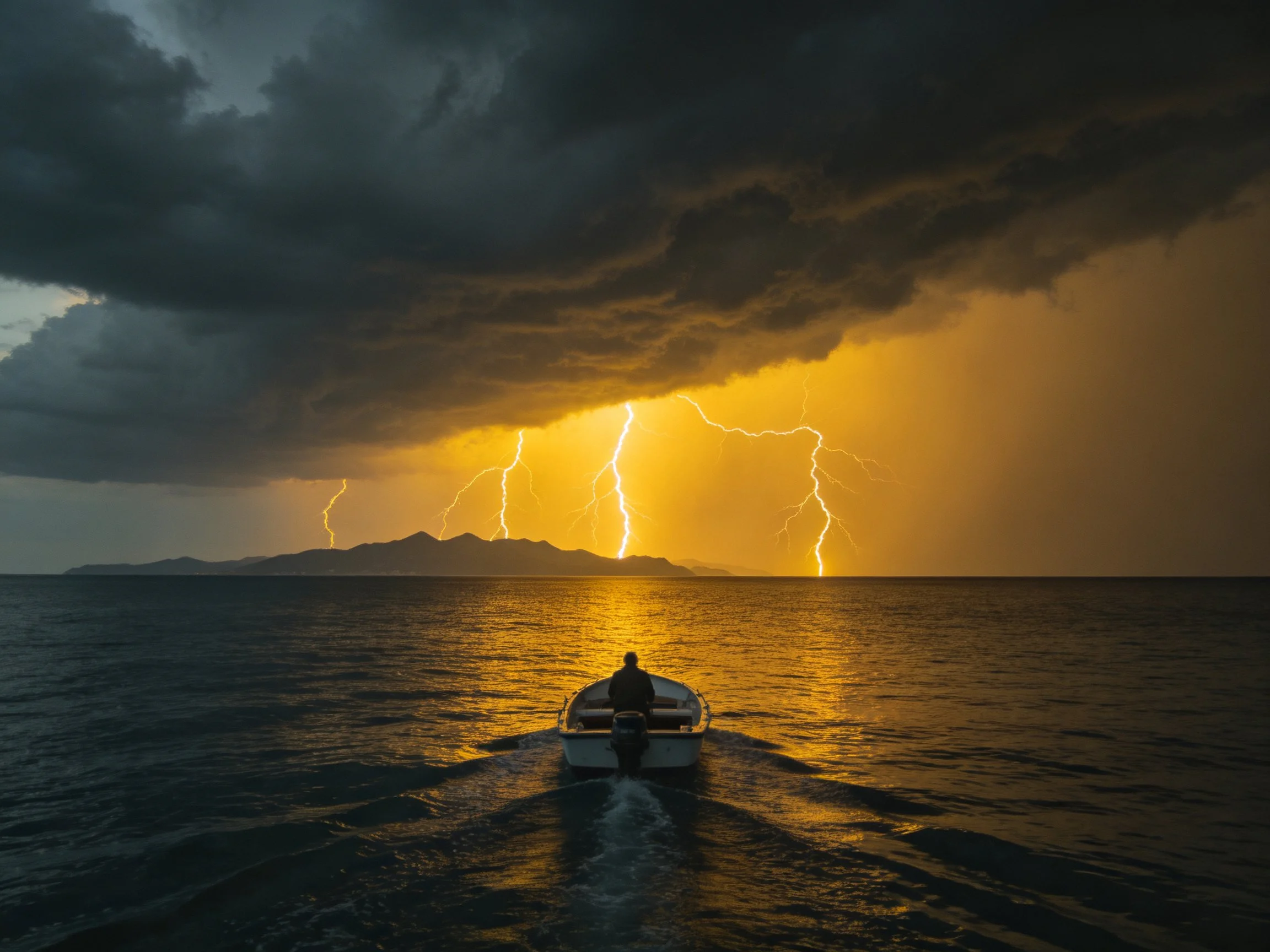 A small boat navigates stormy seas beneath golden lightning bolts