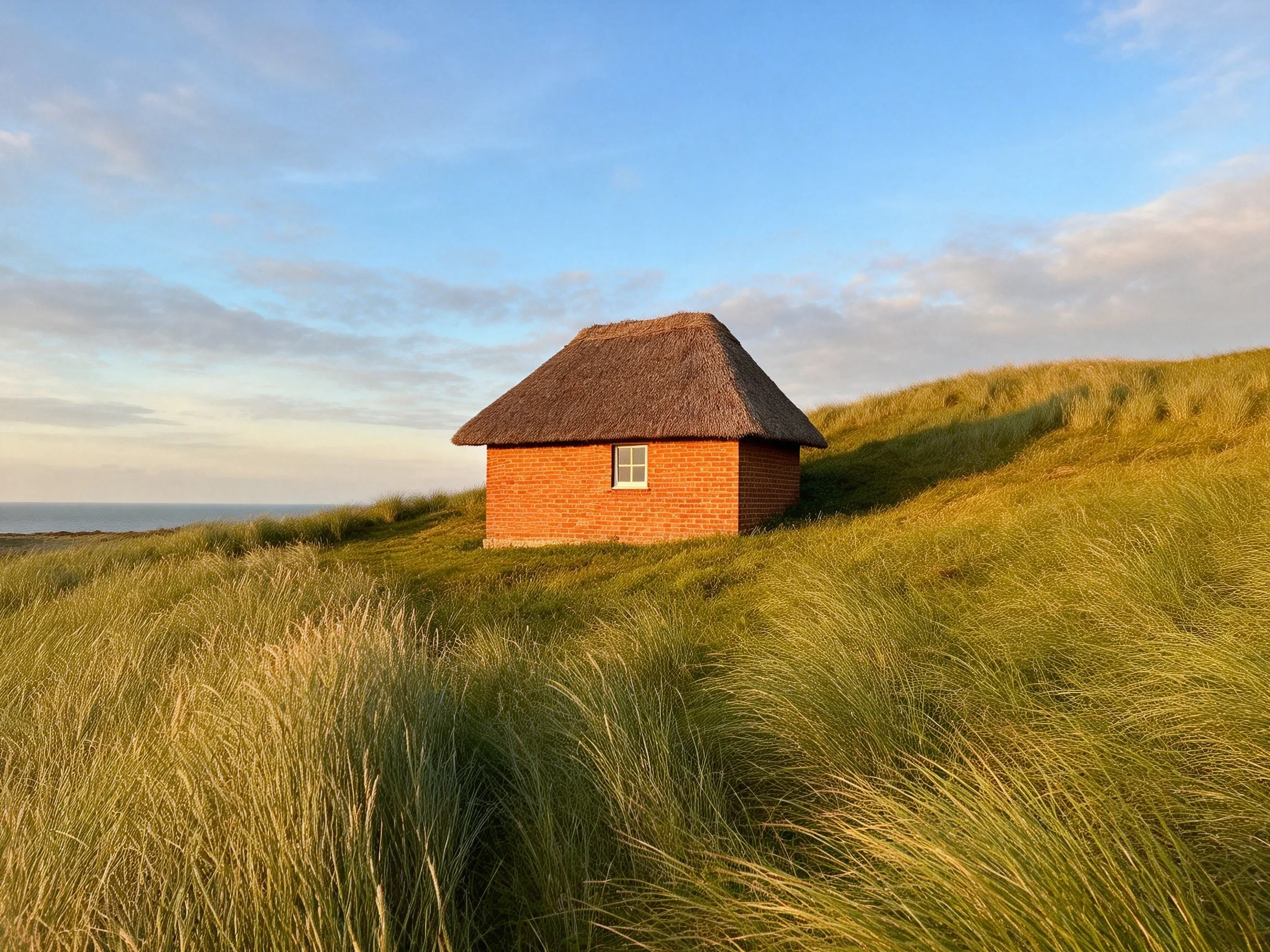 A small brick cottage with a thatched roof amidst golden grassy dunes