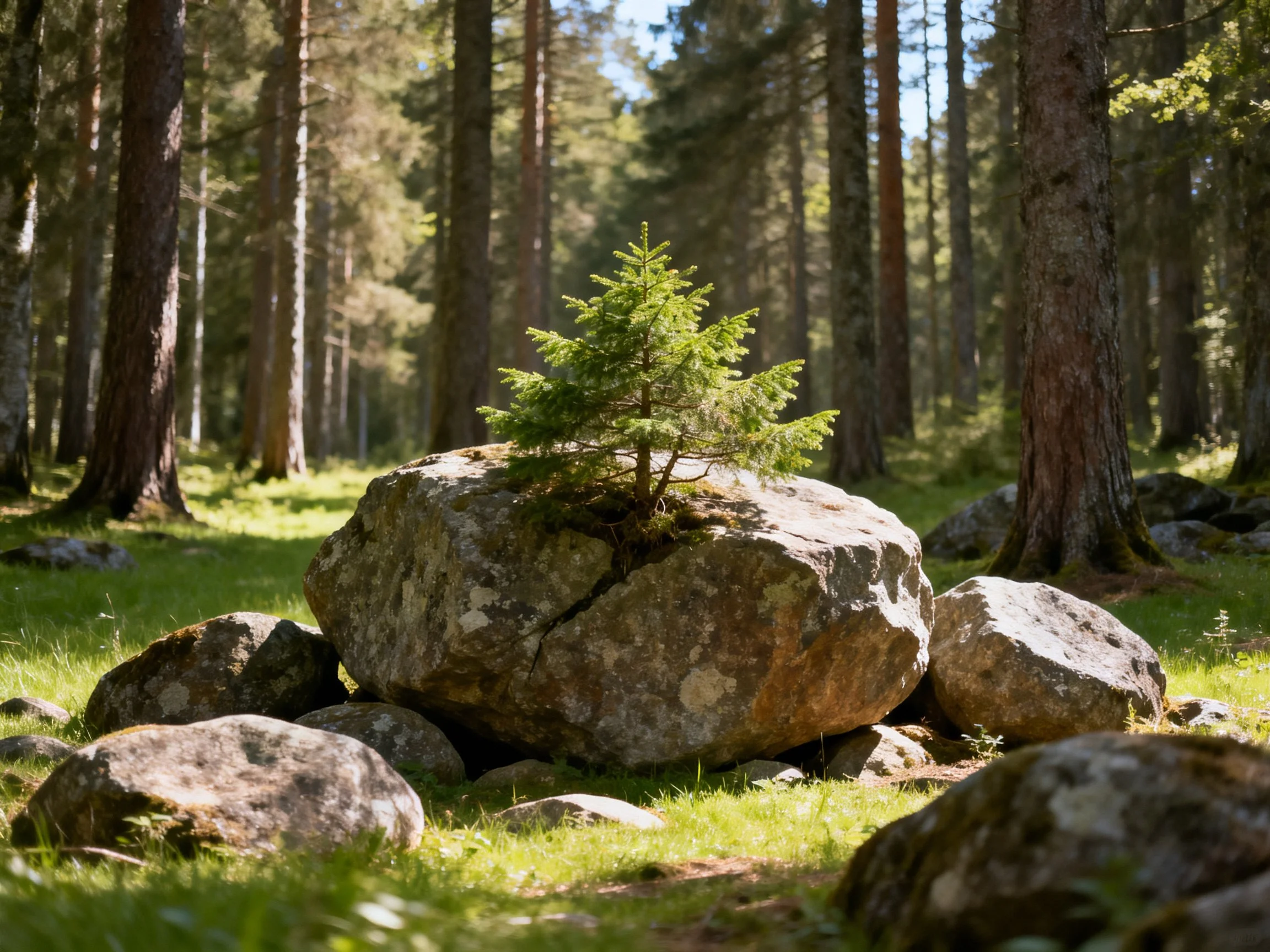 A small evergreen tree atop a large rock in sunlit forest