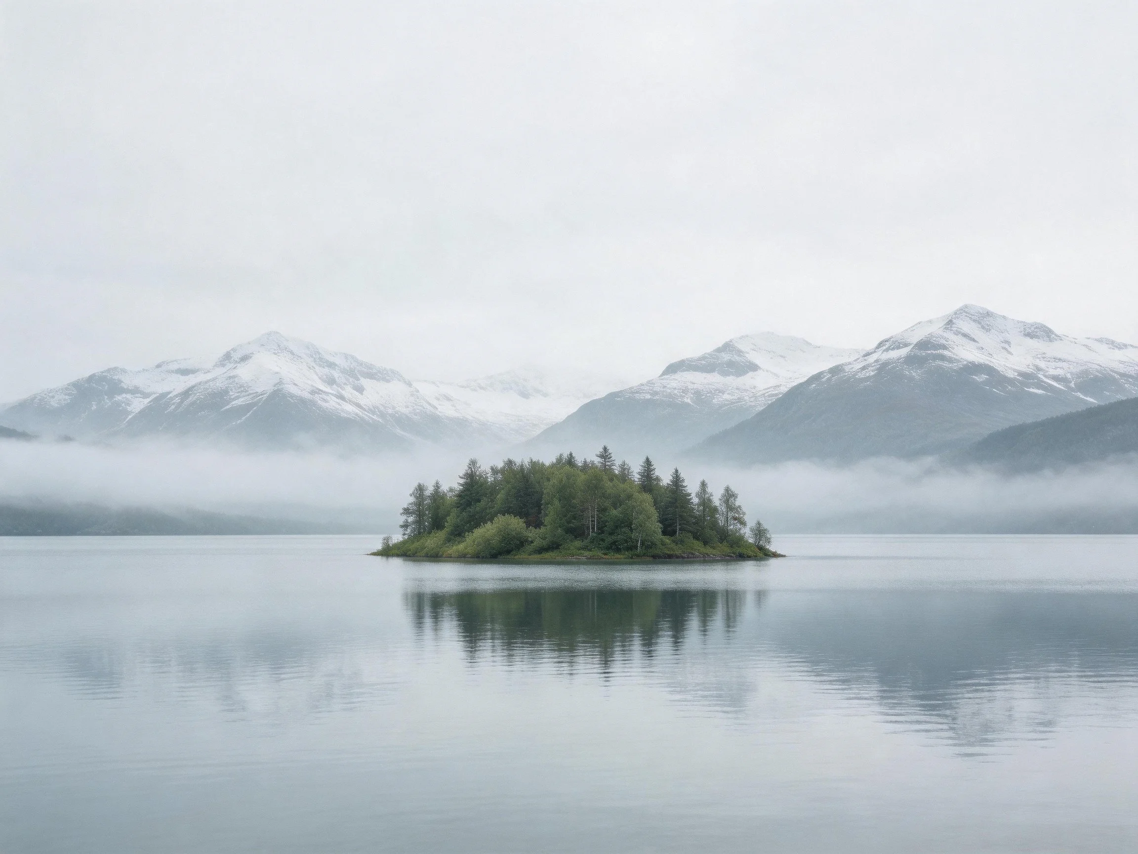 A small forested island in a misty lake near snow - capped mountains