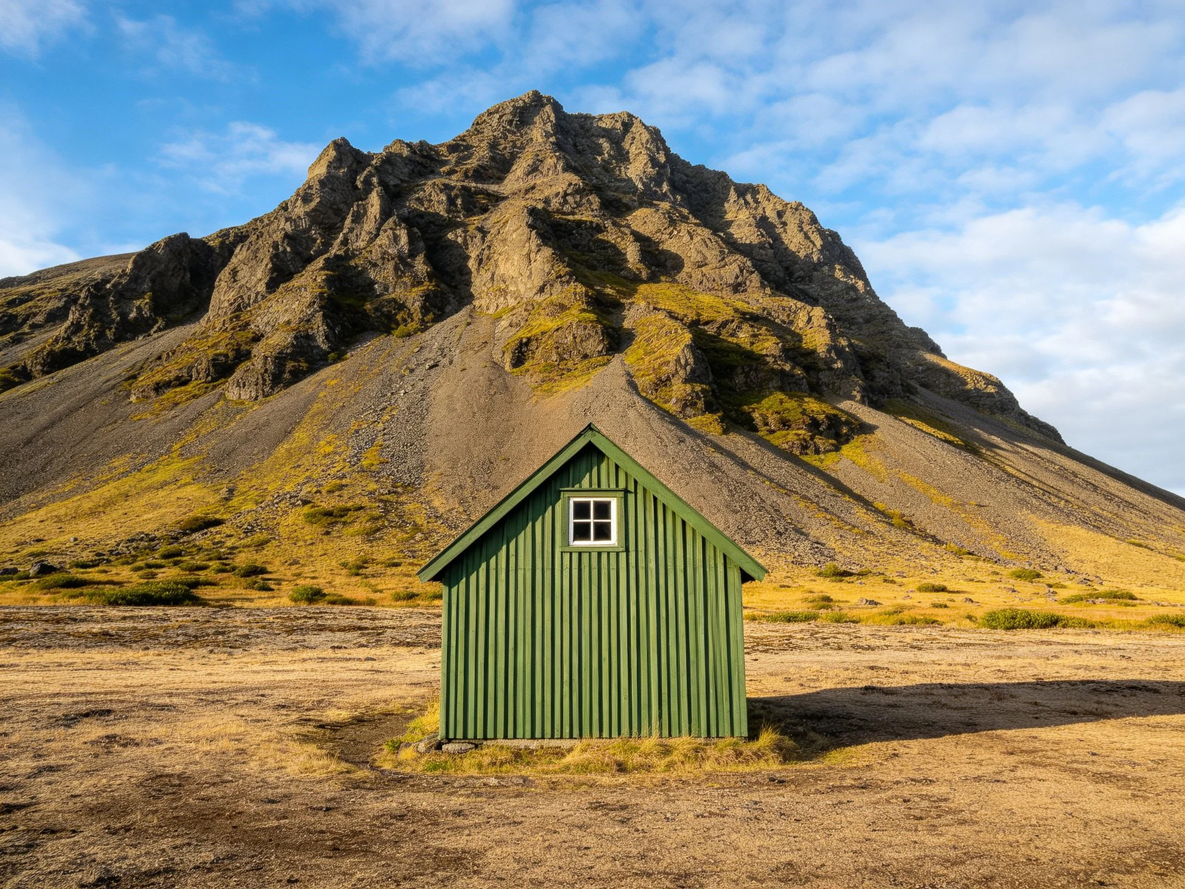 A small green wooden cabin beside a towering rocky mountain under clear blue sky