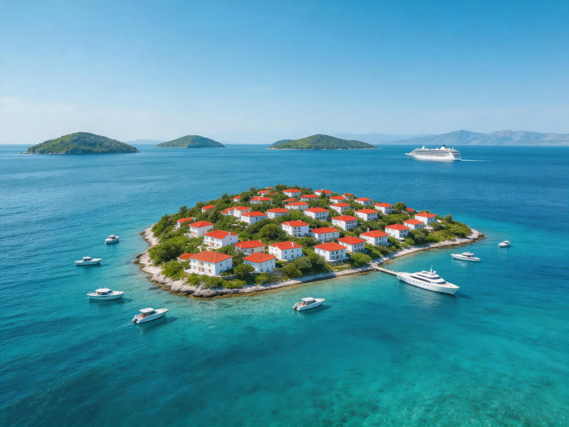 A small island with red-roofed white homes, turquoise waters, and boats