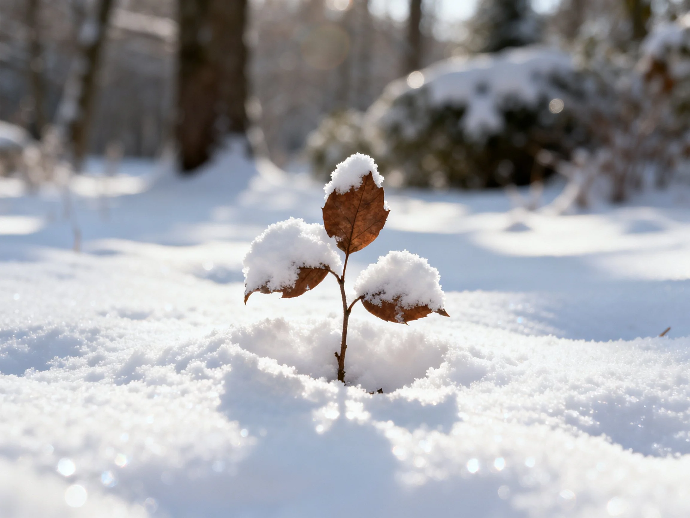 A small plant with brown leaves blanketed in snow in a sunny winter forest