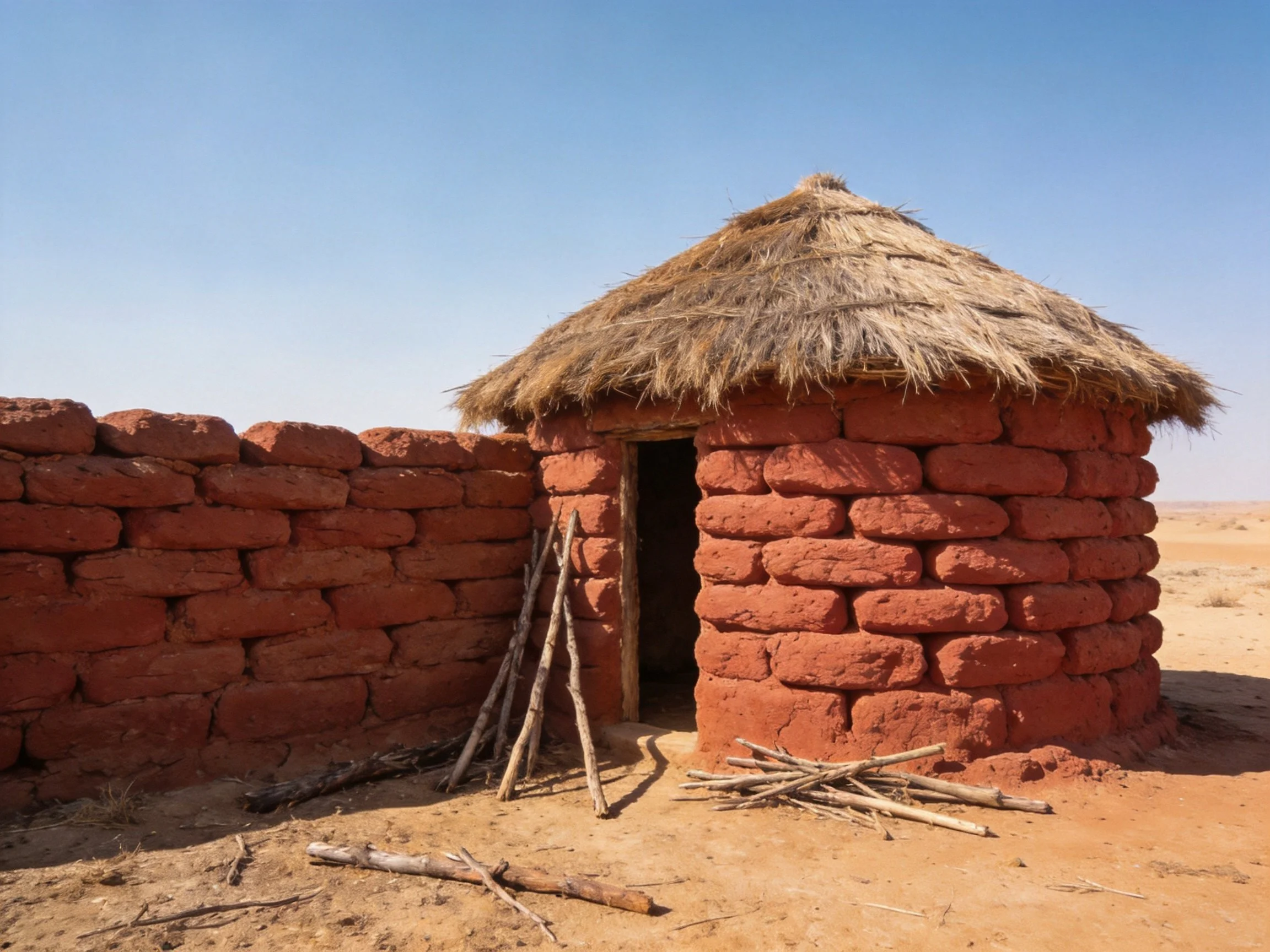 A small red-brick hut with a thatched roof in an arid landscape