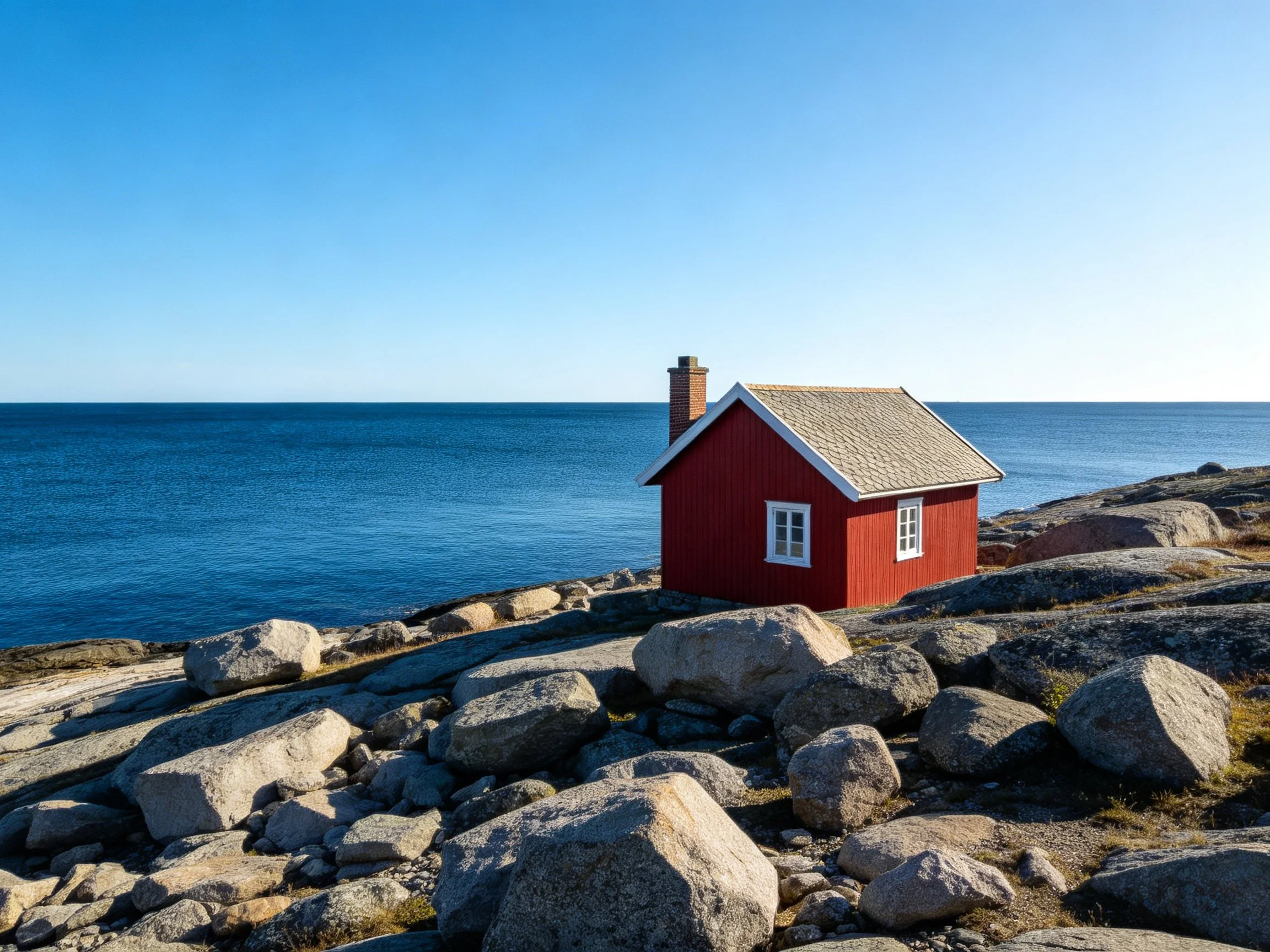 A small red wooden cottage on rocky coastal terrain by deep blue sea