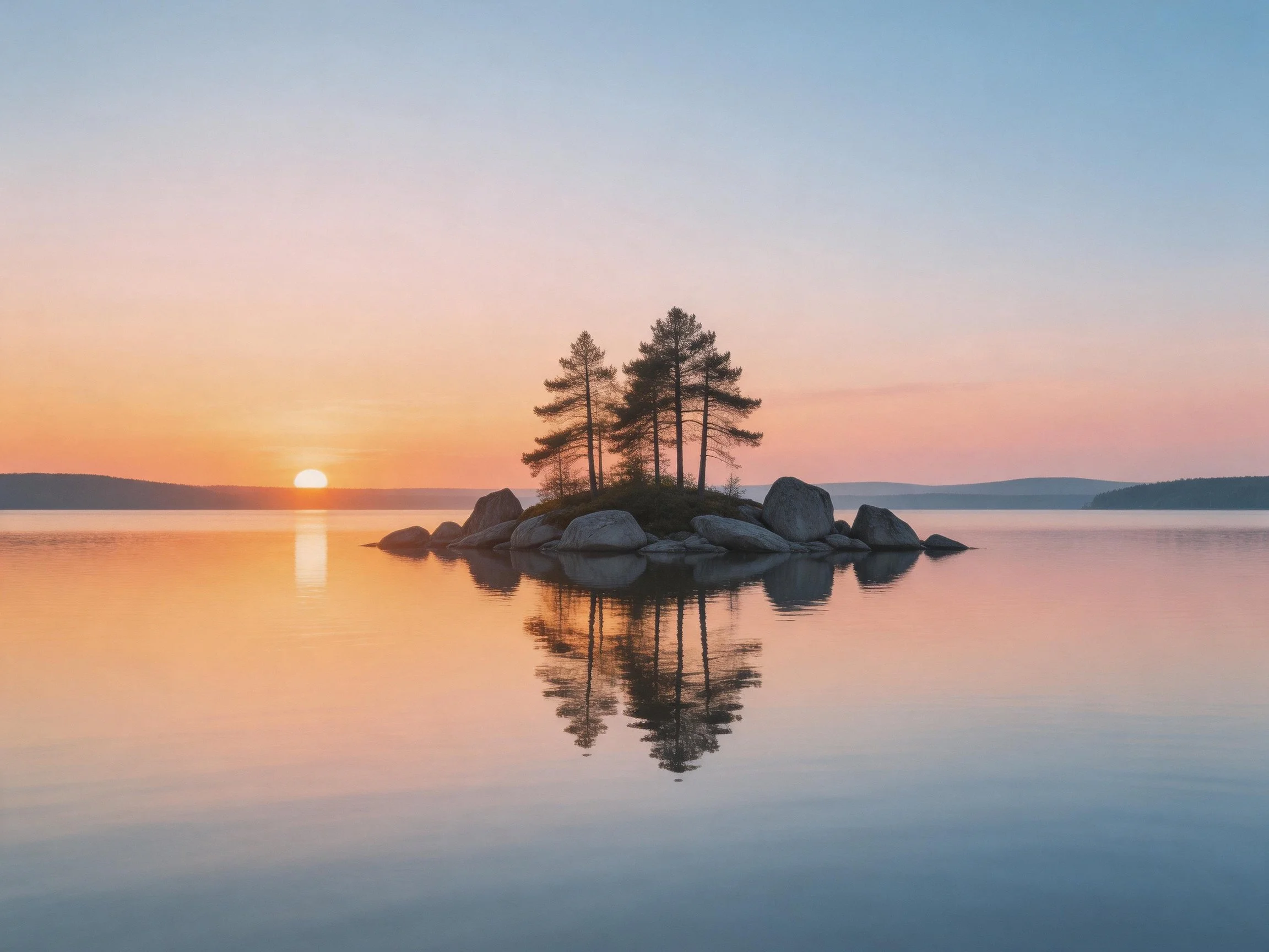 A small rocky island with pine trees and calm waters at dawn