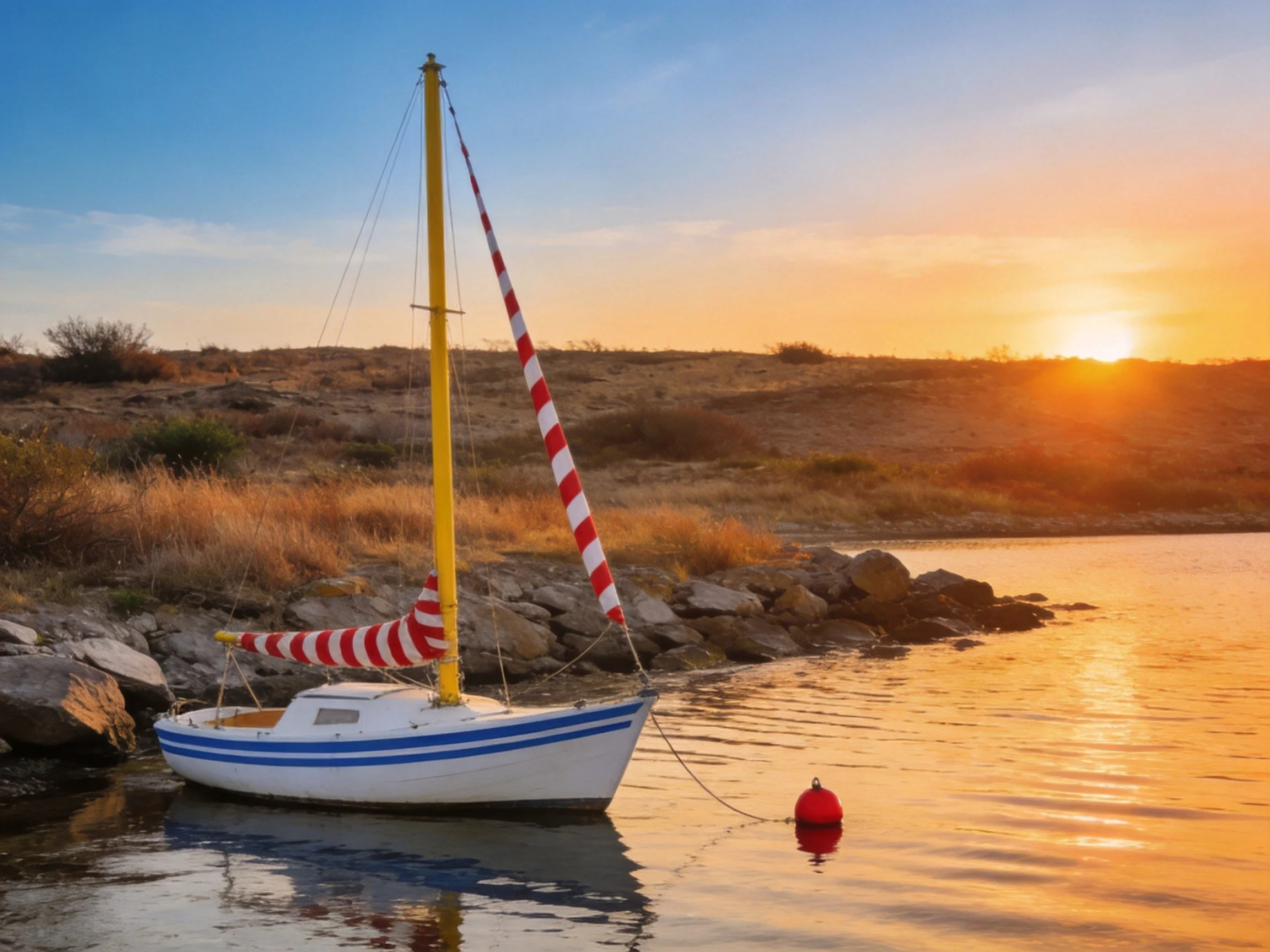 A small sailboat with red-and-white sails near rocky shore at sunset