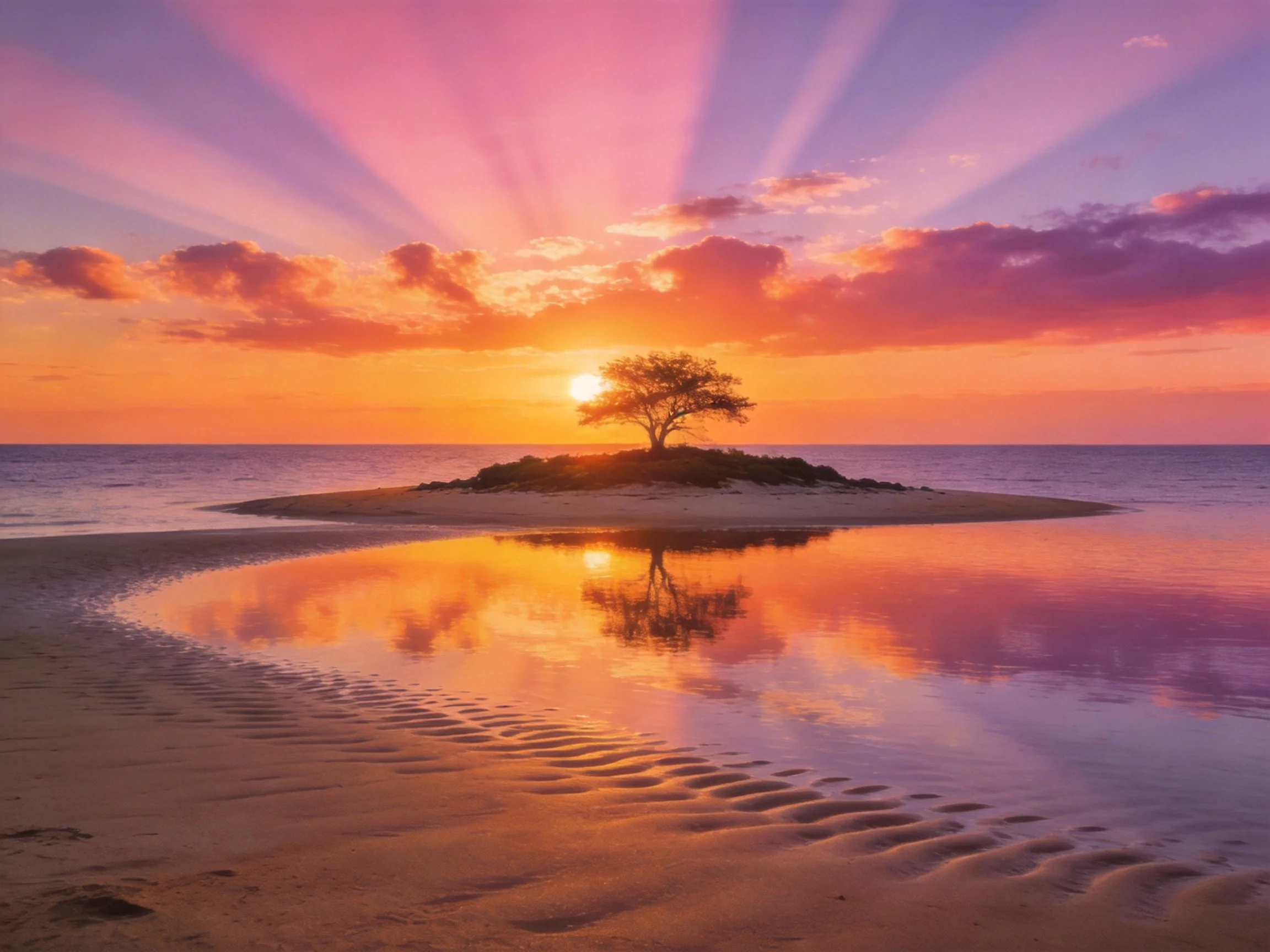 A small sandy island with a single tree under a vibrant sunset