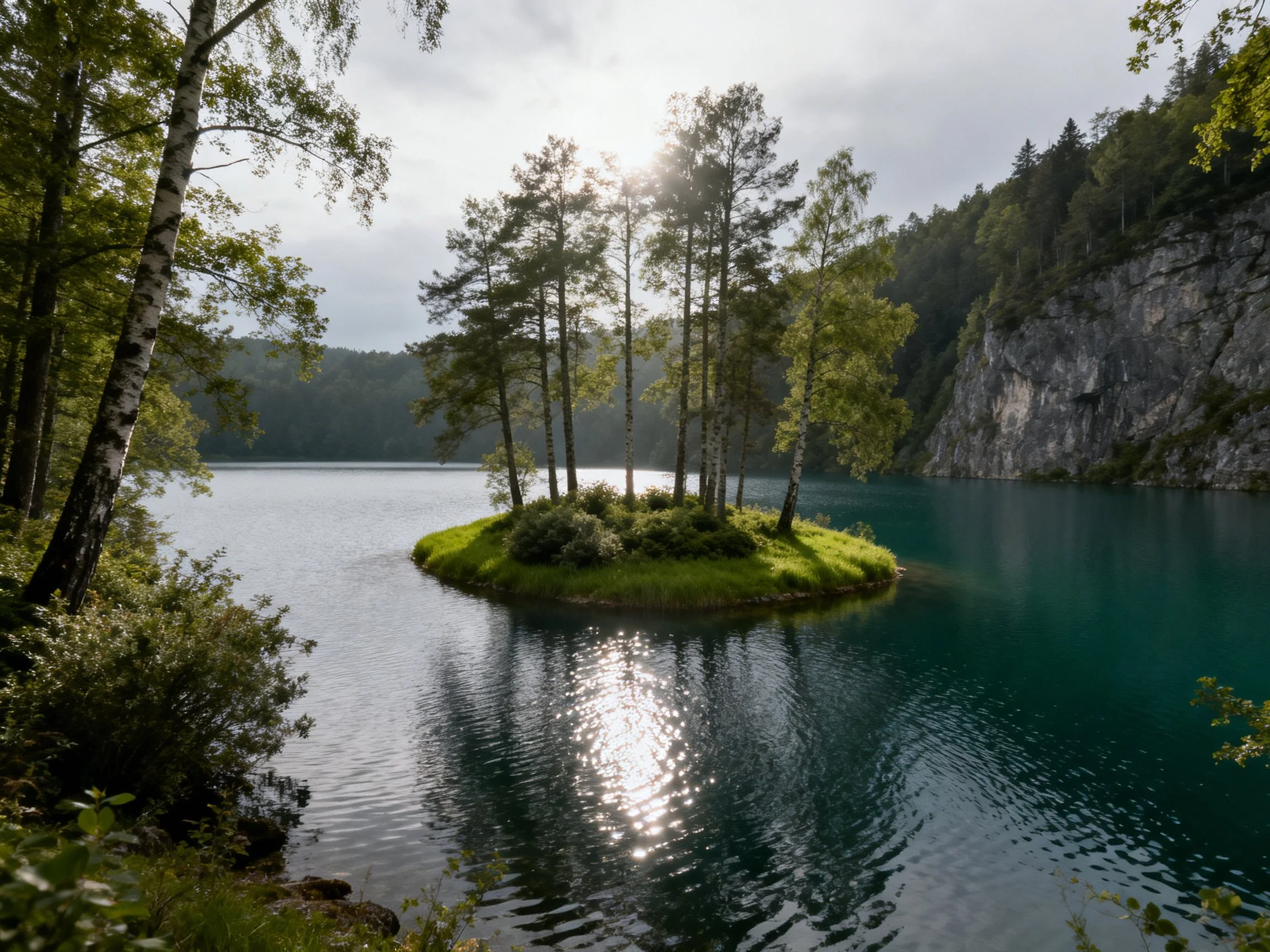 A small tree - covered island in turquoise lake near rocky cliffs