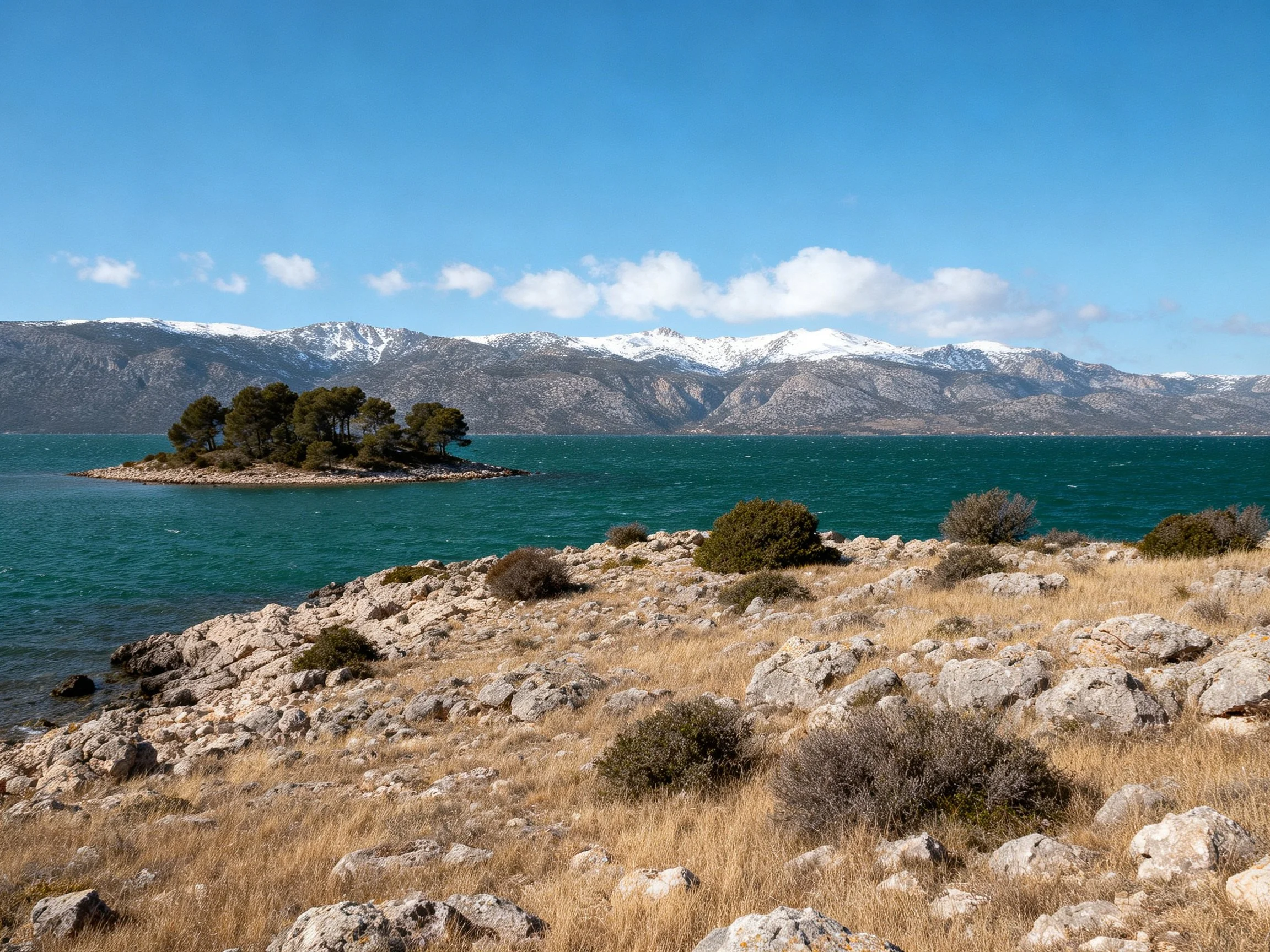A small tree-covered island near rocky shores with snow-capped mountains