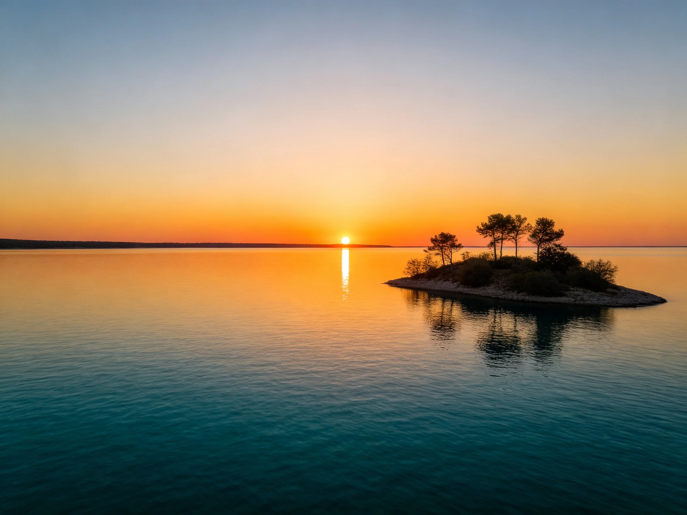 A small tree island reflects sunset hues on calm turquoise water.