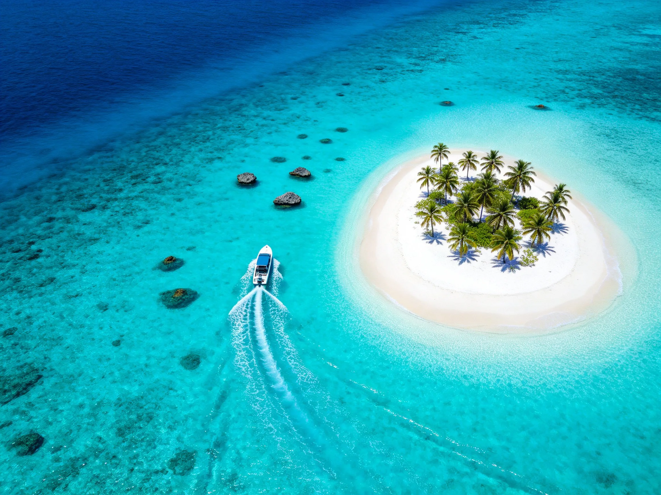 A small tropical island with white sand, palm trees, and a speedboat