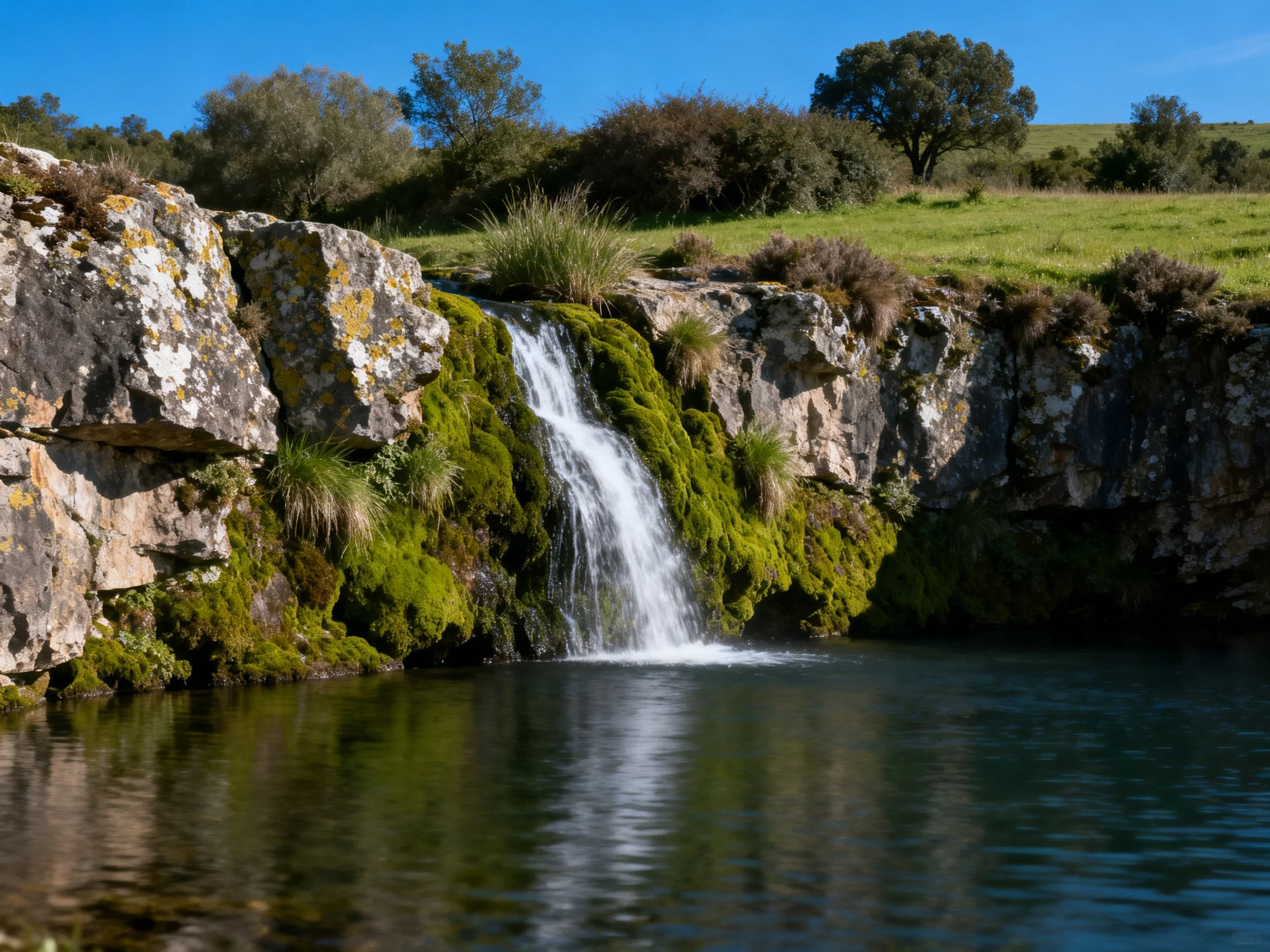 A small waterfall cascades over moss-covered rocks into calm water