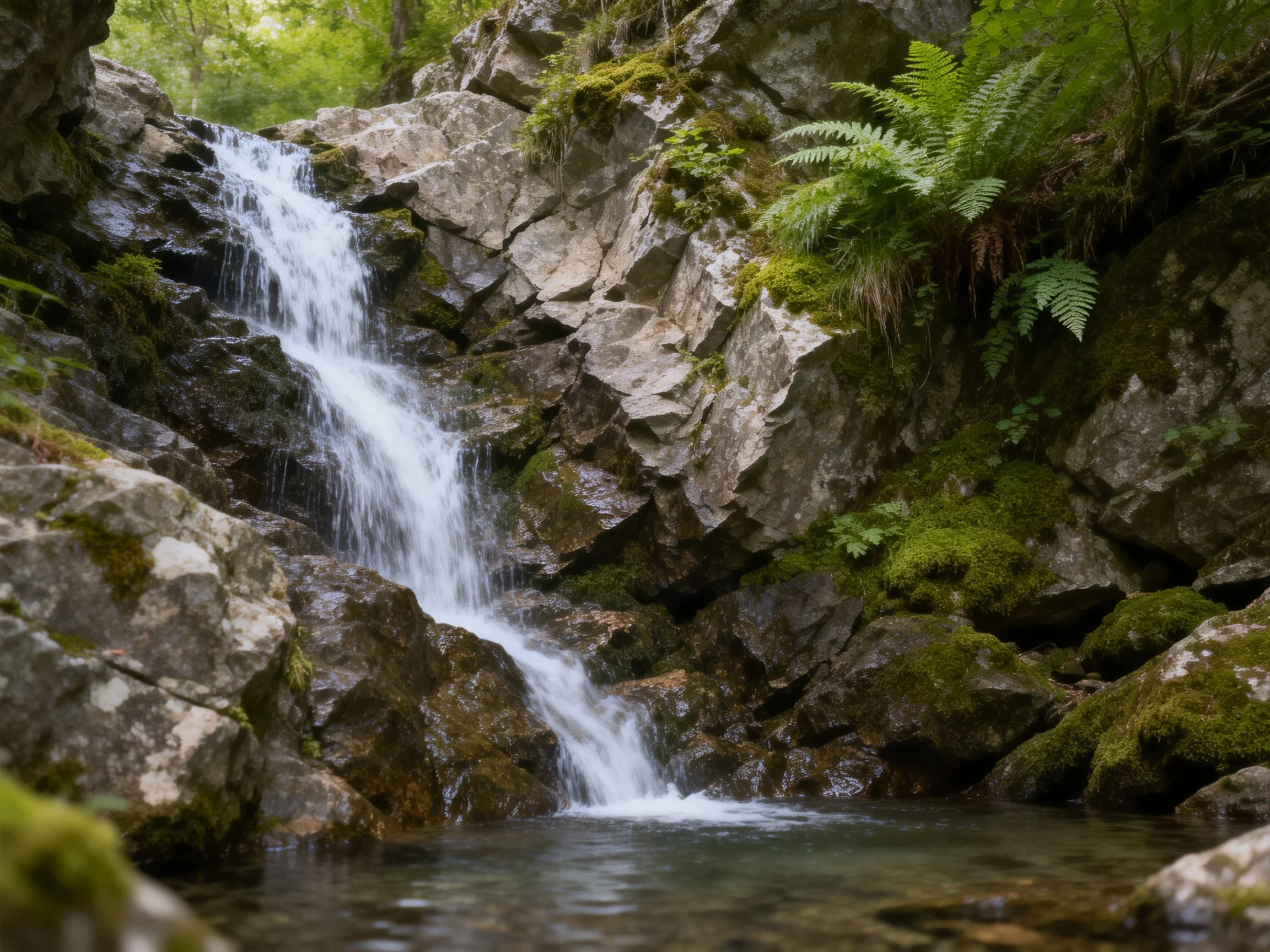 A small waterfall cascades over moss-covered rocks near lush ferns
