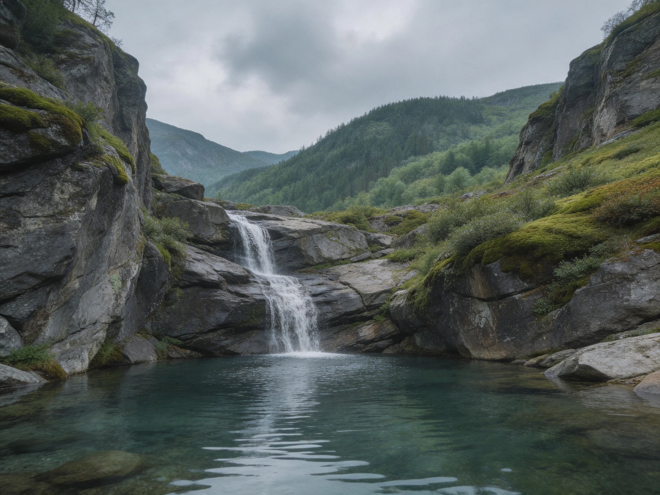 A small waterfall flows into a turquoise pool between rocky cliffs