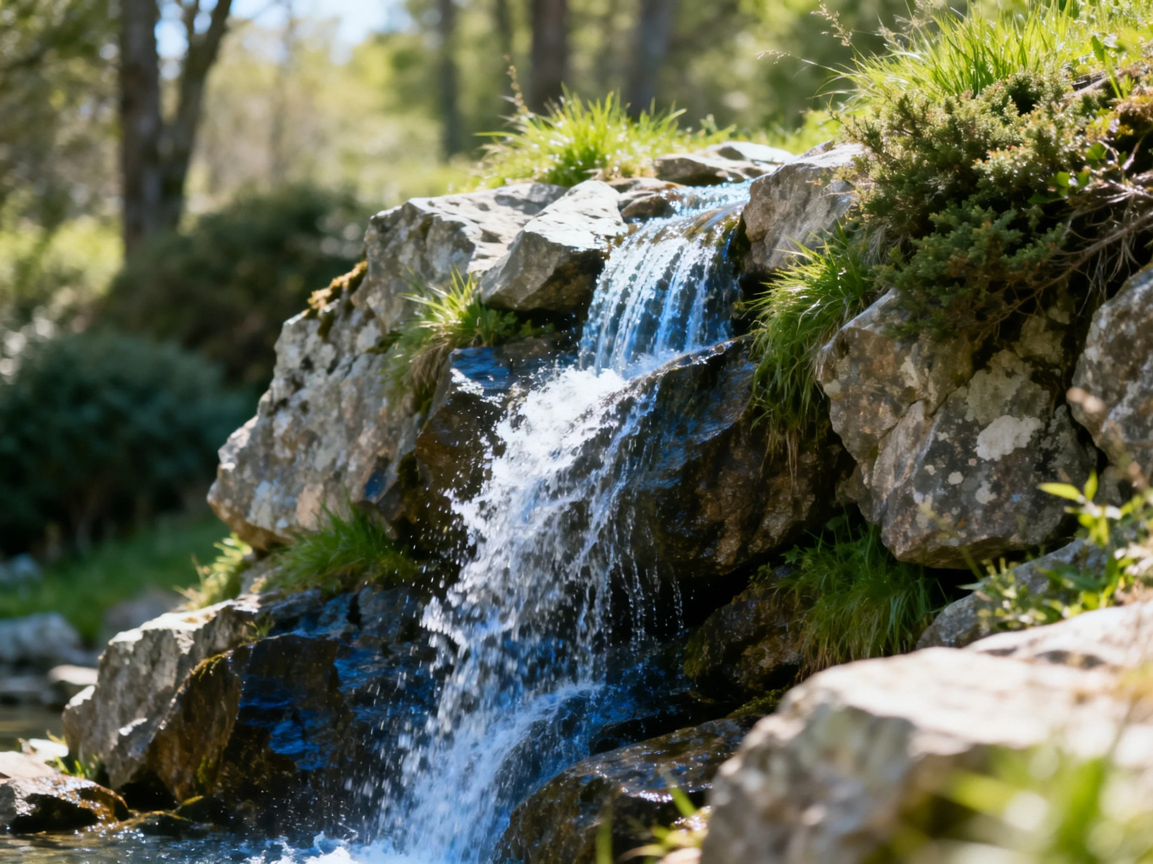 A small waterfall flows over rocky terrain with lush greenery