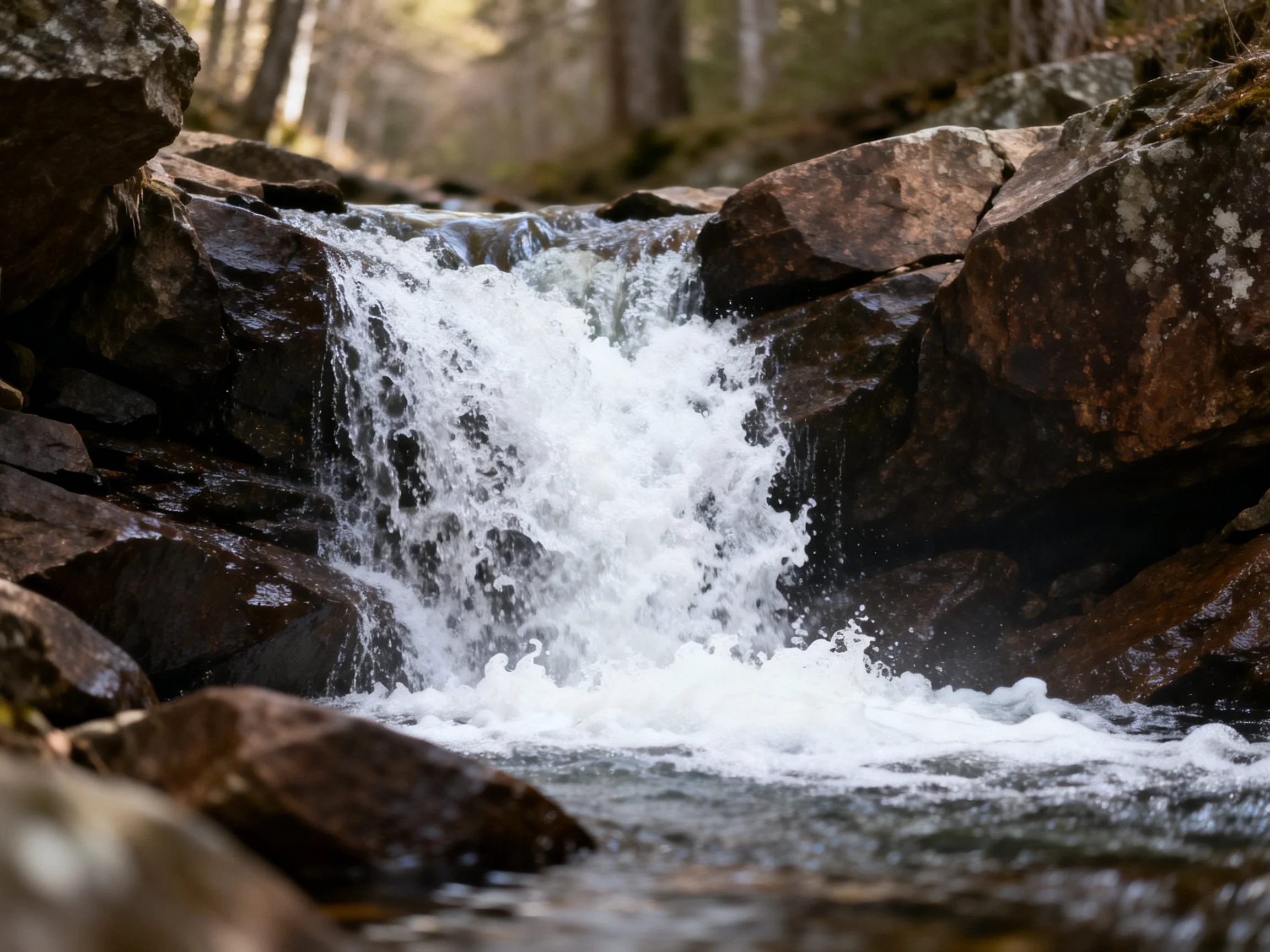 A small waterfall rushes over dark rocks in a forest clearing