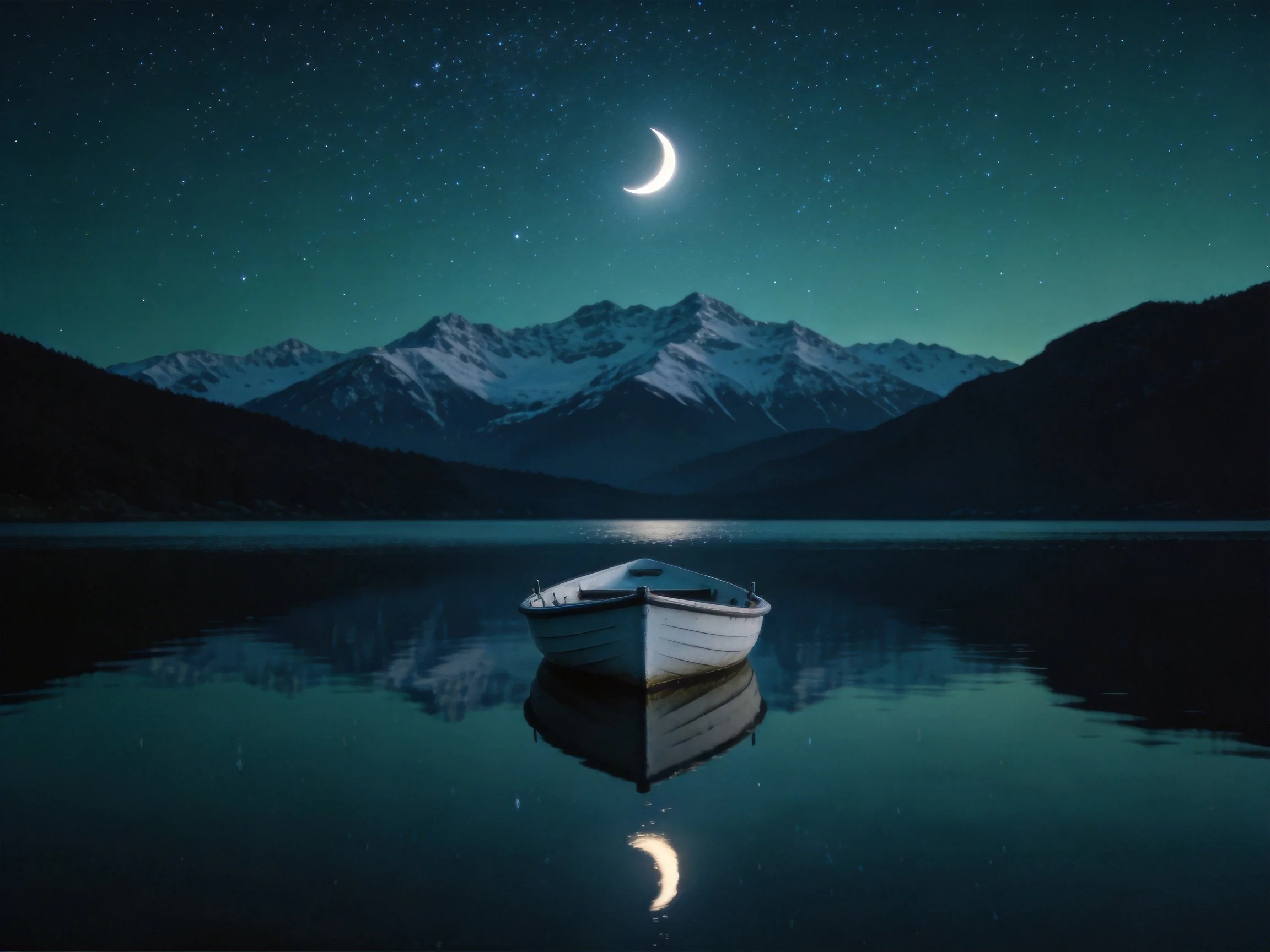 A small white boat floats on still water beneath a crescent moon