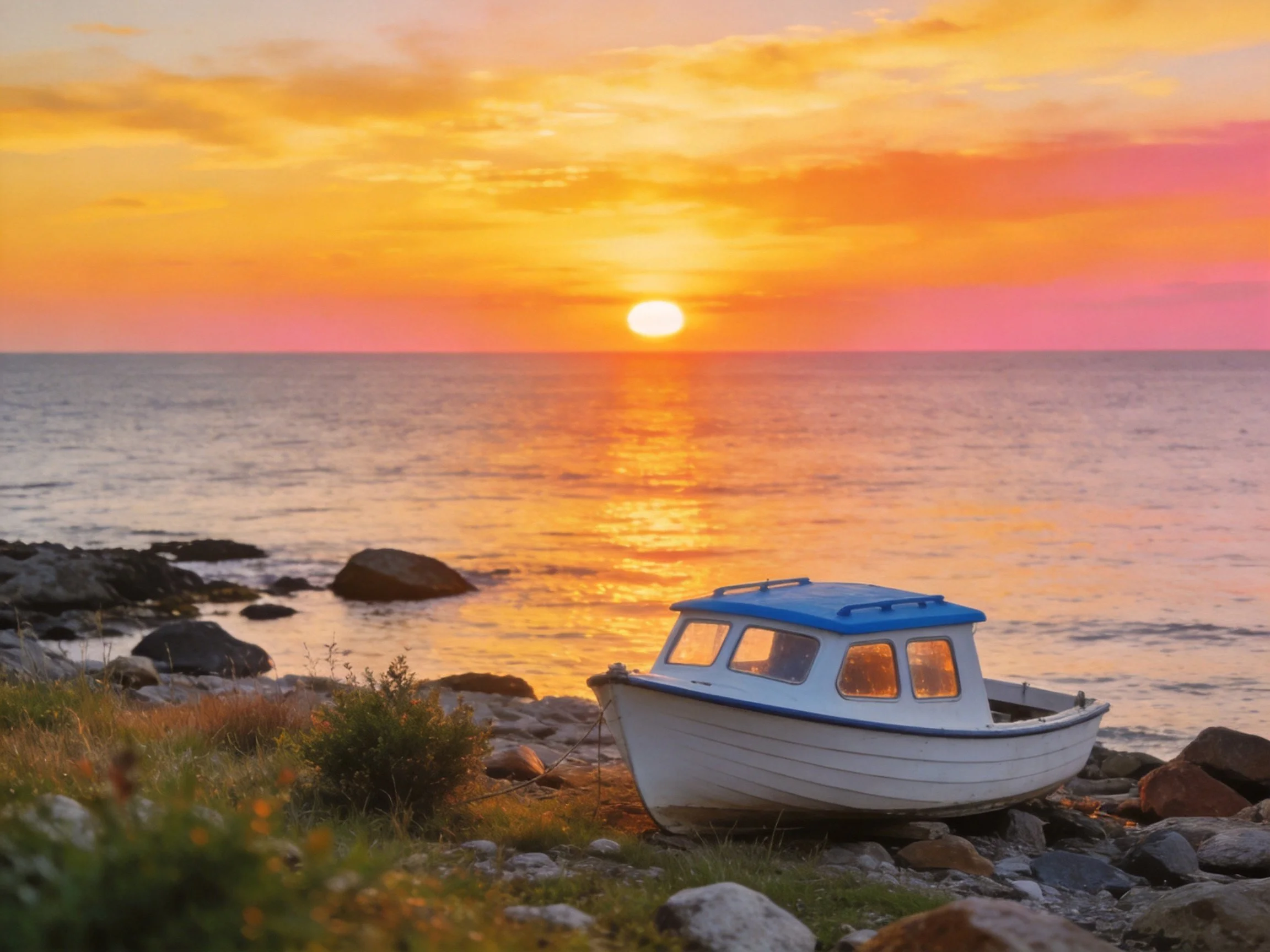 A small white boat rests on rocky shore during vibrant sunset over calm sea