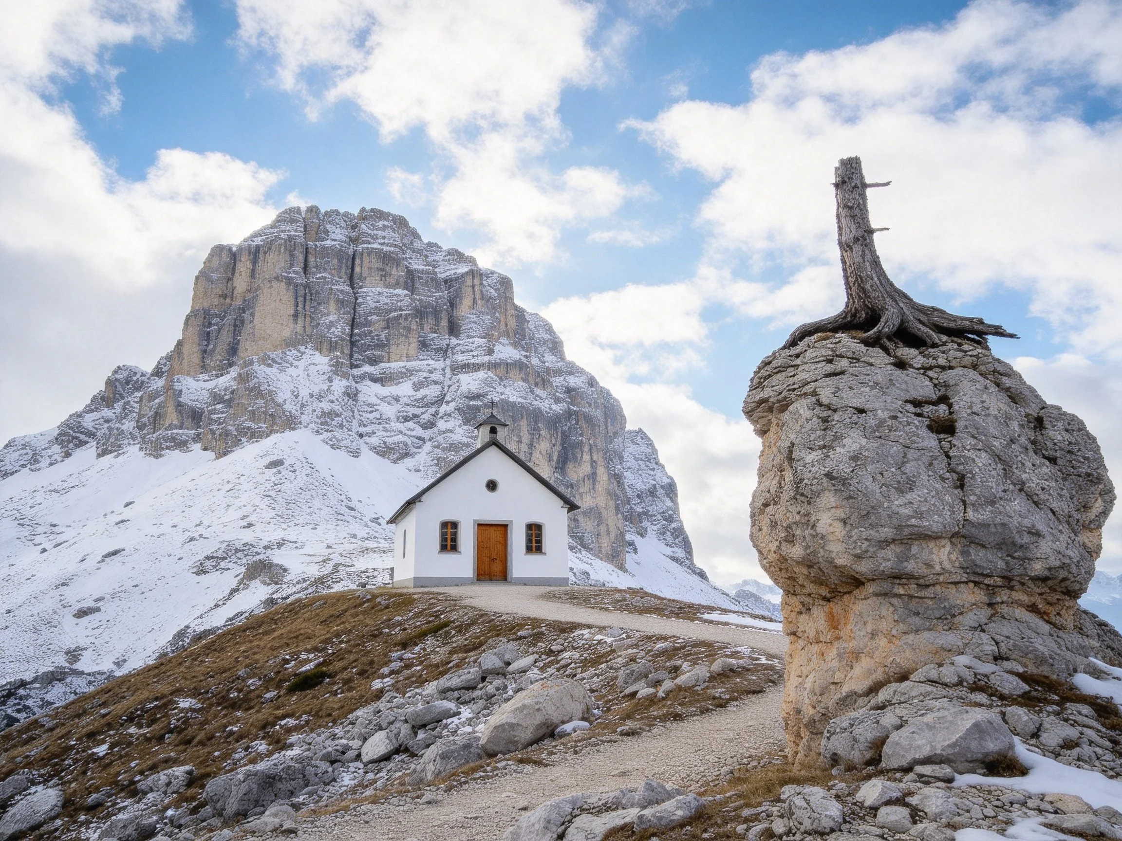 A small white chapel near a snow-capped mountain with a weathered rock formation