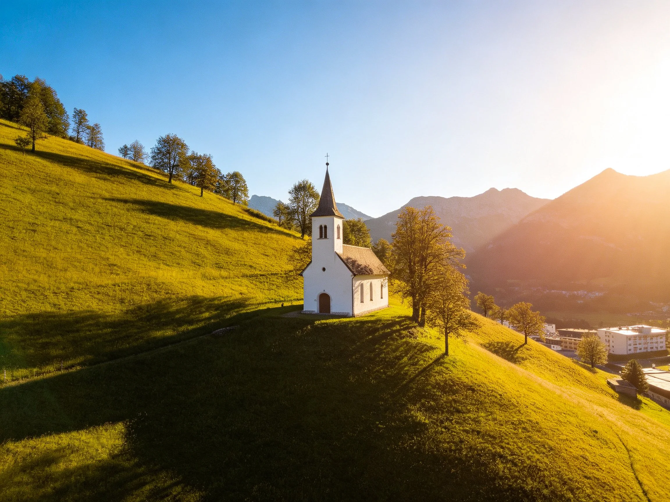 A small white chapel on a sunlit green hill with distant mountains