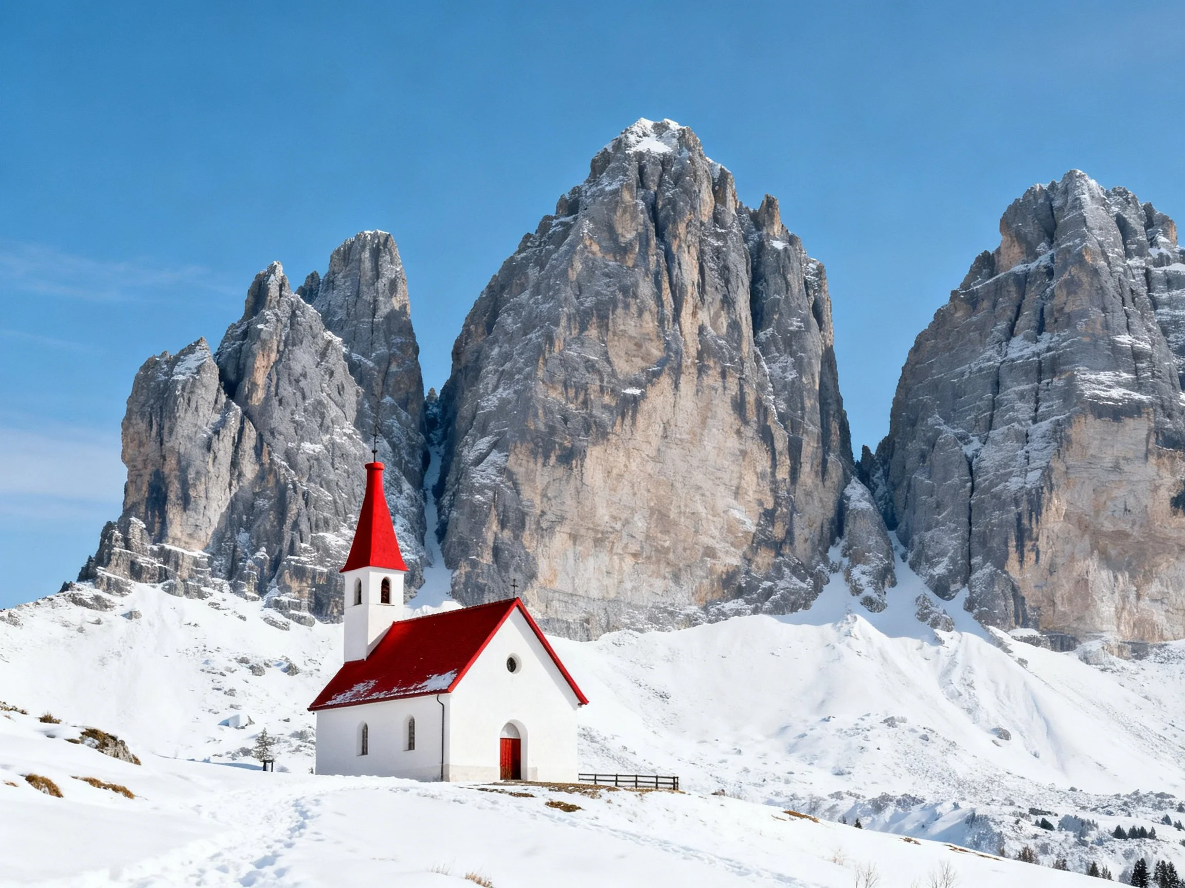 A small white chapel with red roof near towering snow-capped peaks