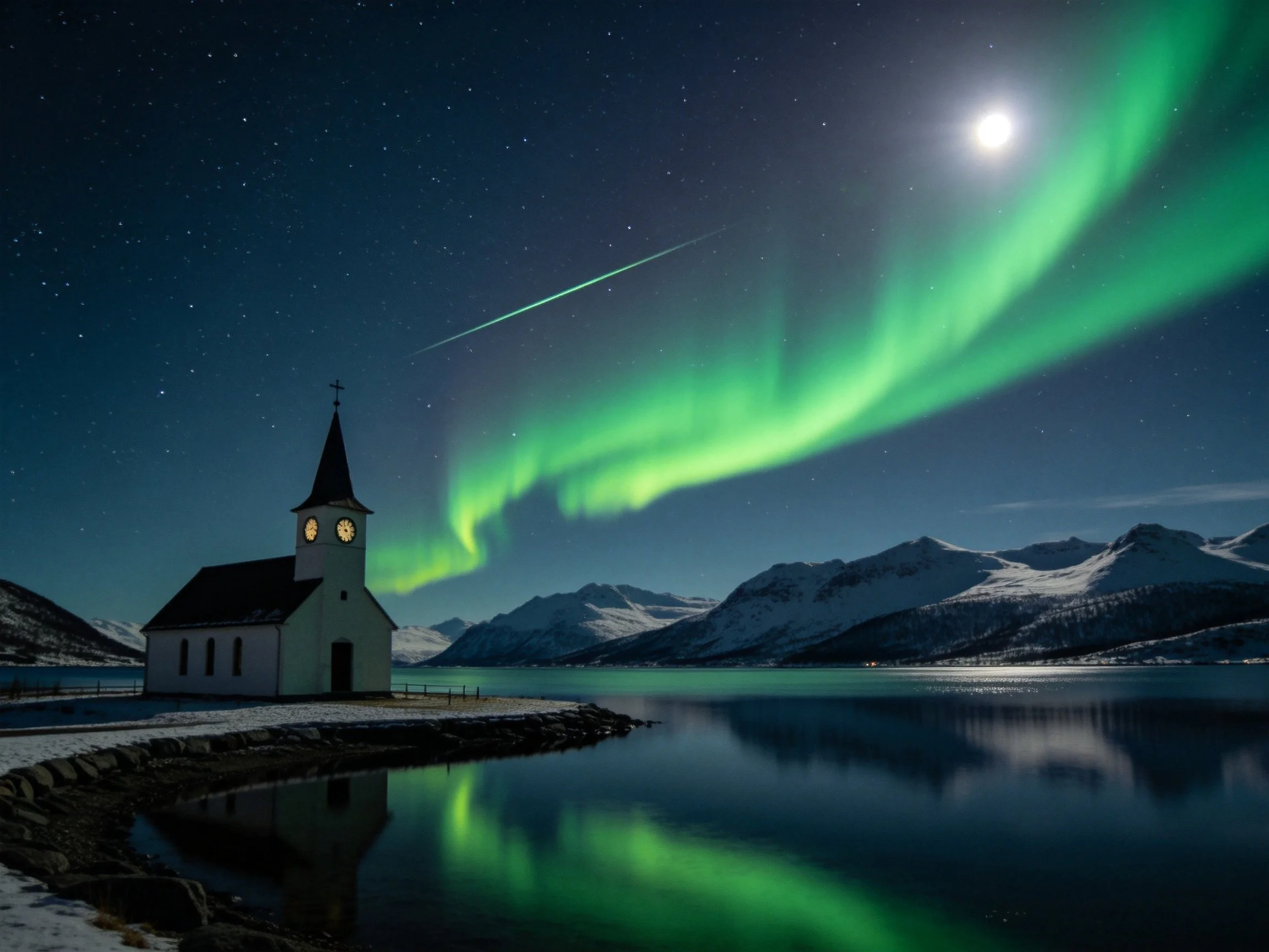 A small white church beside a calm lake under green aurora and bright moon