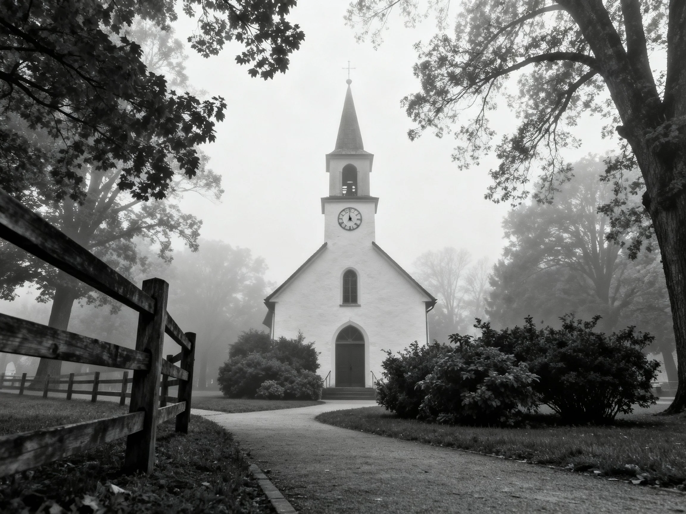 A small white church with clock tower in misty surroundings
