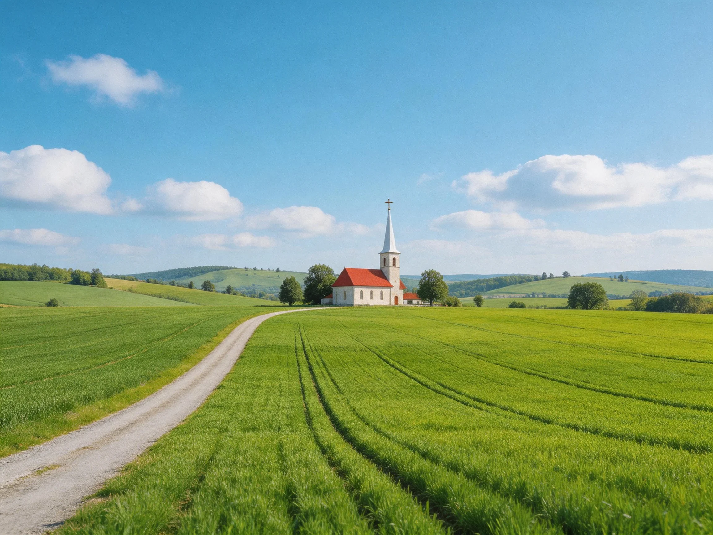 A small white church with red roof near vast green fields