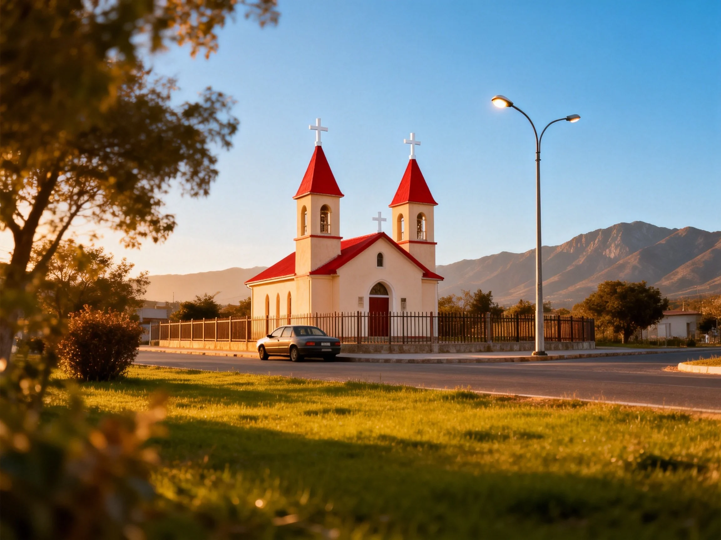 A small white church with red roofs and crosses near mountainous backdrop
