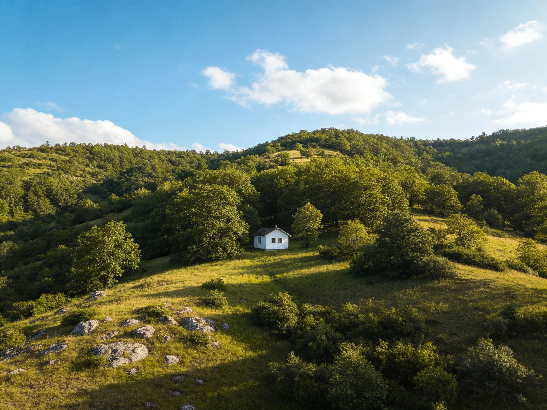 A small white house amid rolling green hills and dense forests