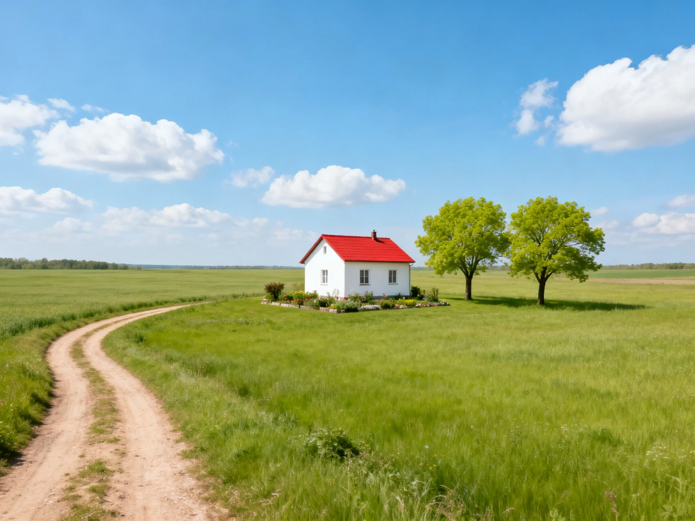 A small white house with red roof near two green trees by a dirt path