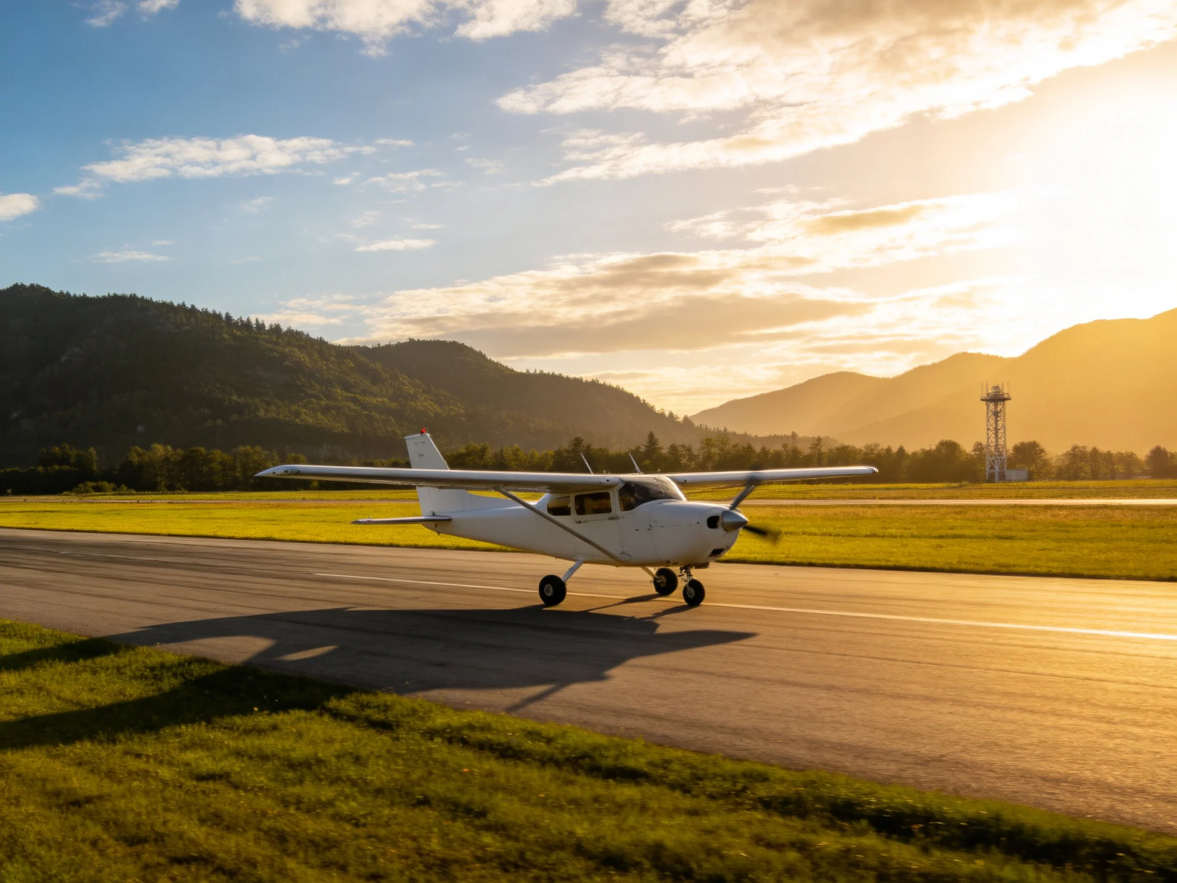 A small white propeller plane on a runway with mountainous backdrop at golden hour