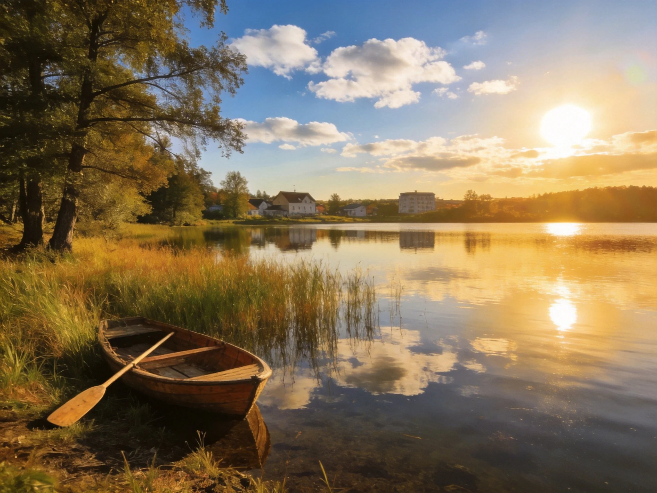 A small wooden boat rests by a golden lakeside at sunset